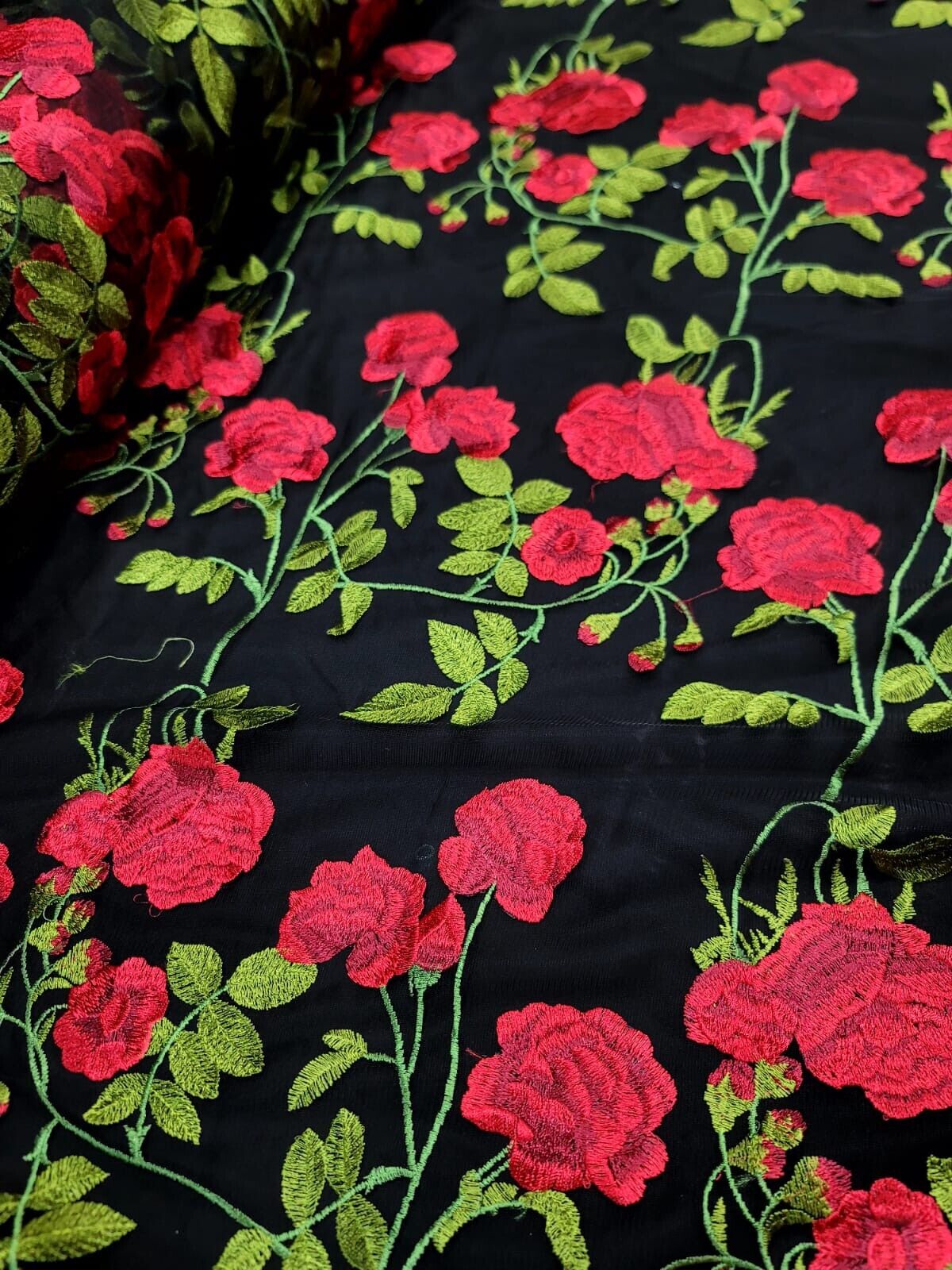 Embroidered Black Lace Fabric with Red and Green Flowers
