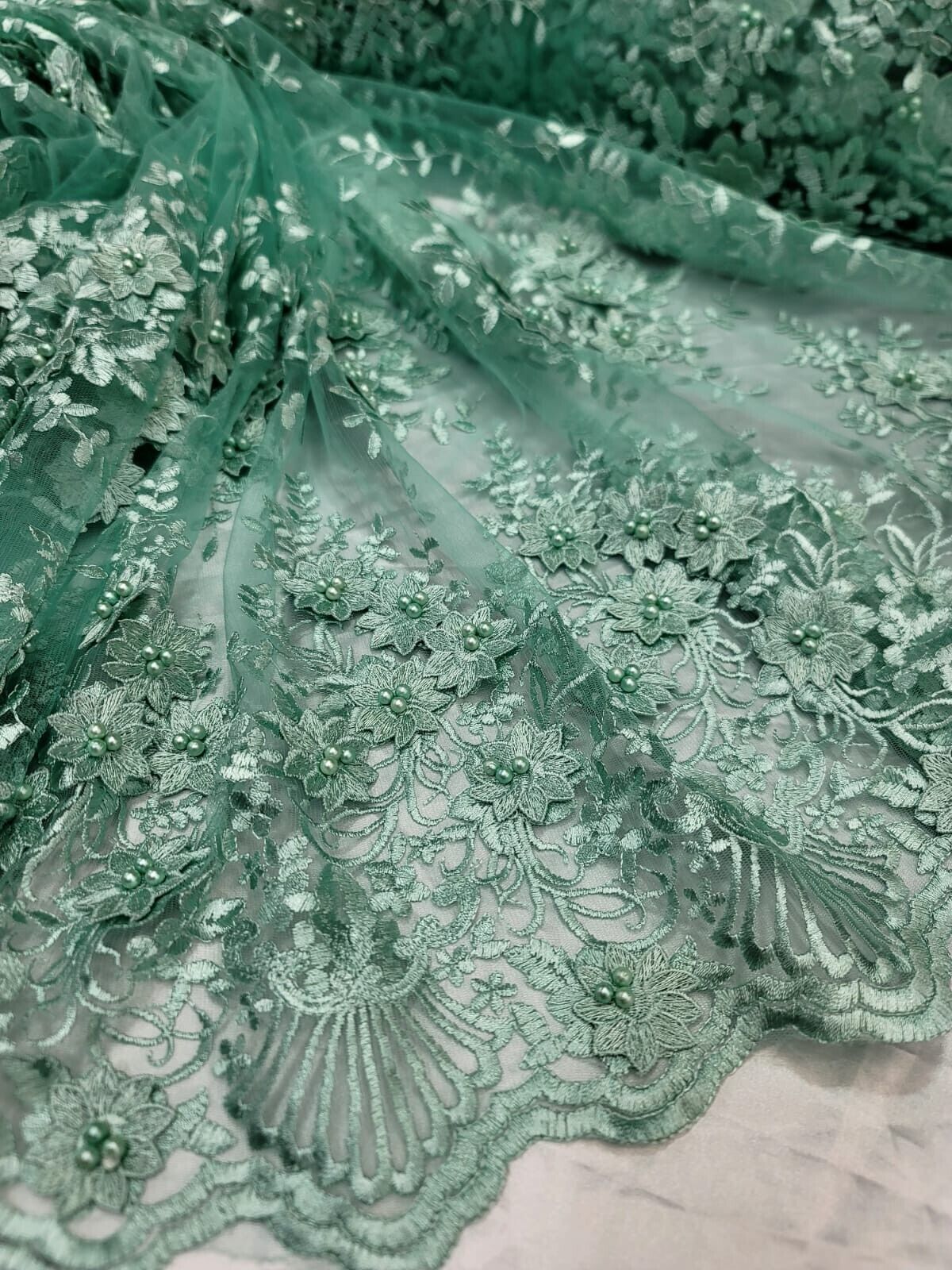 3D Floral Embroidery Beaded Mesh Lace Sage Green