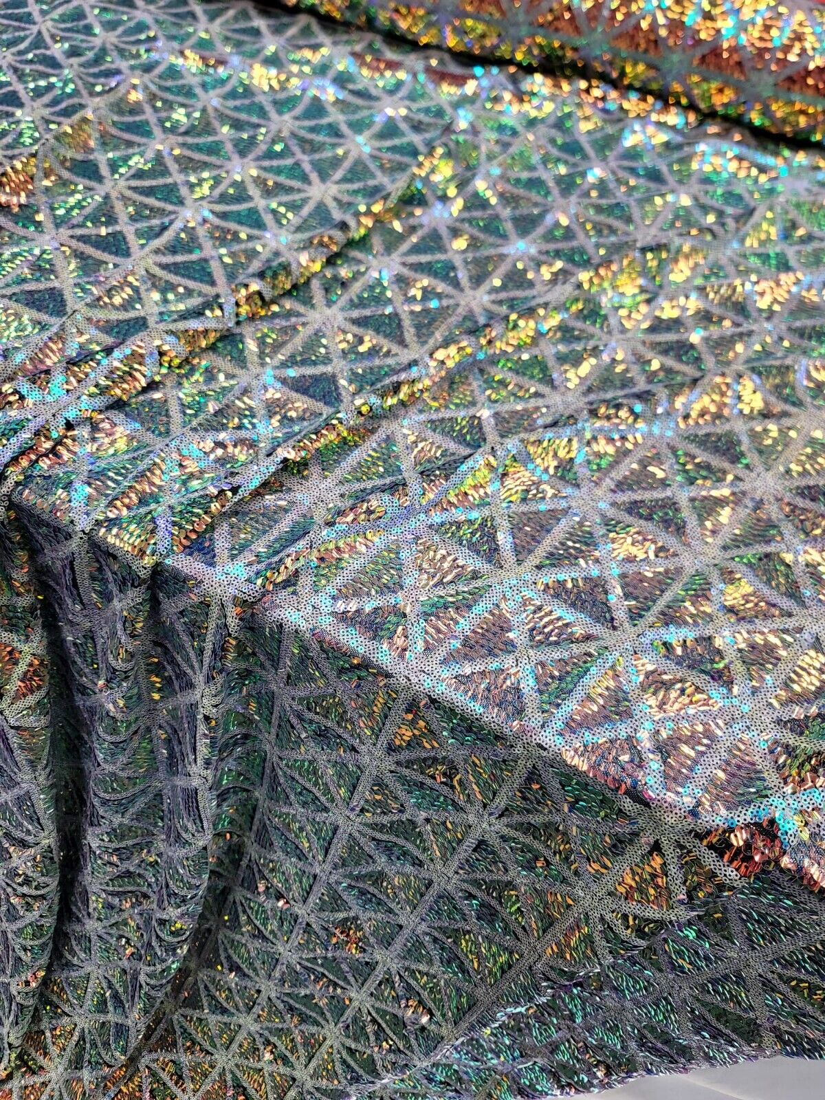 Sequin Stretch Mesh Fabric Green Blue Iridescent on Black