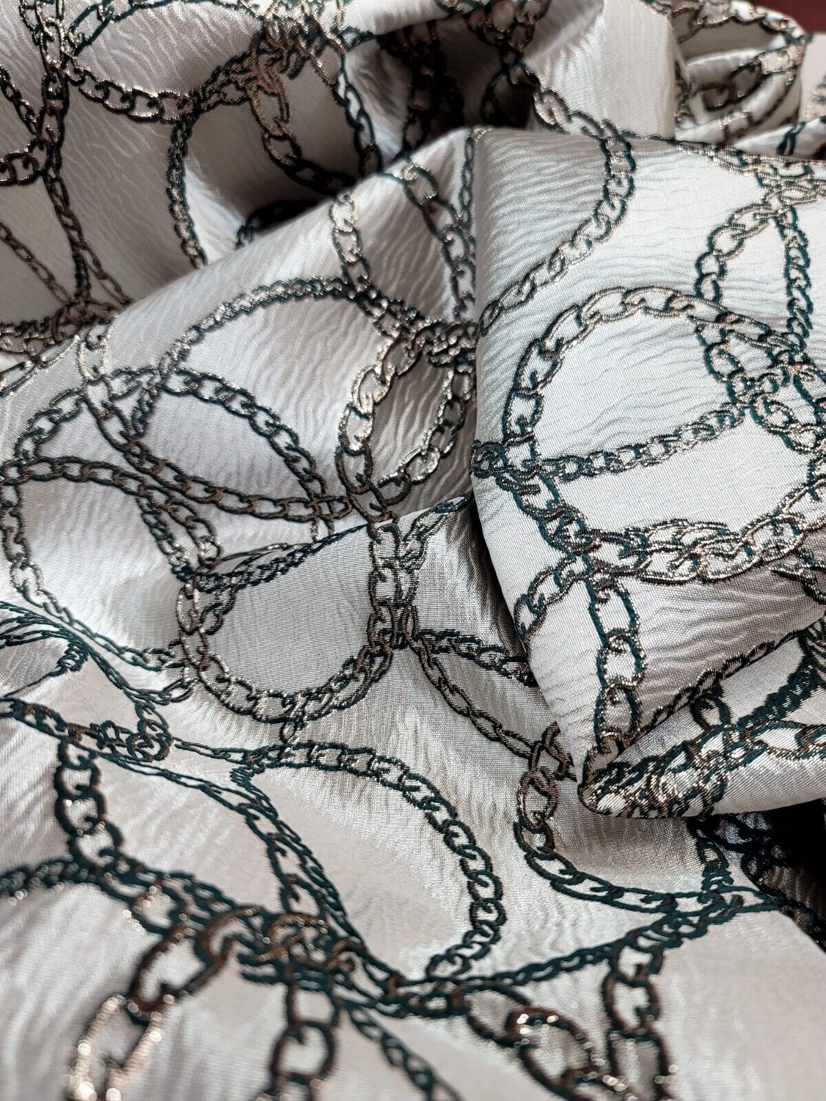 Brocade Jacquard Fabric Gold Metallic Chain Geometric Pattern