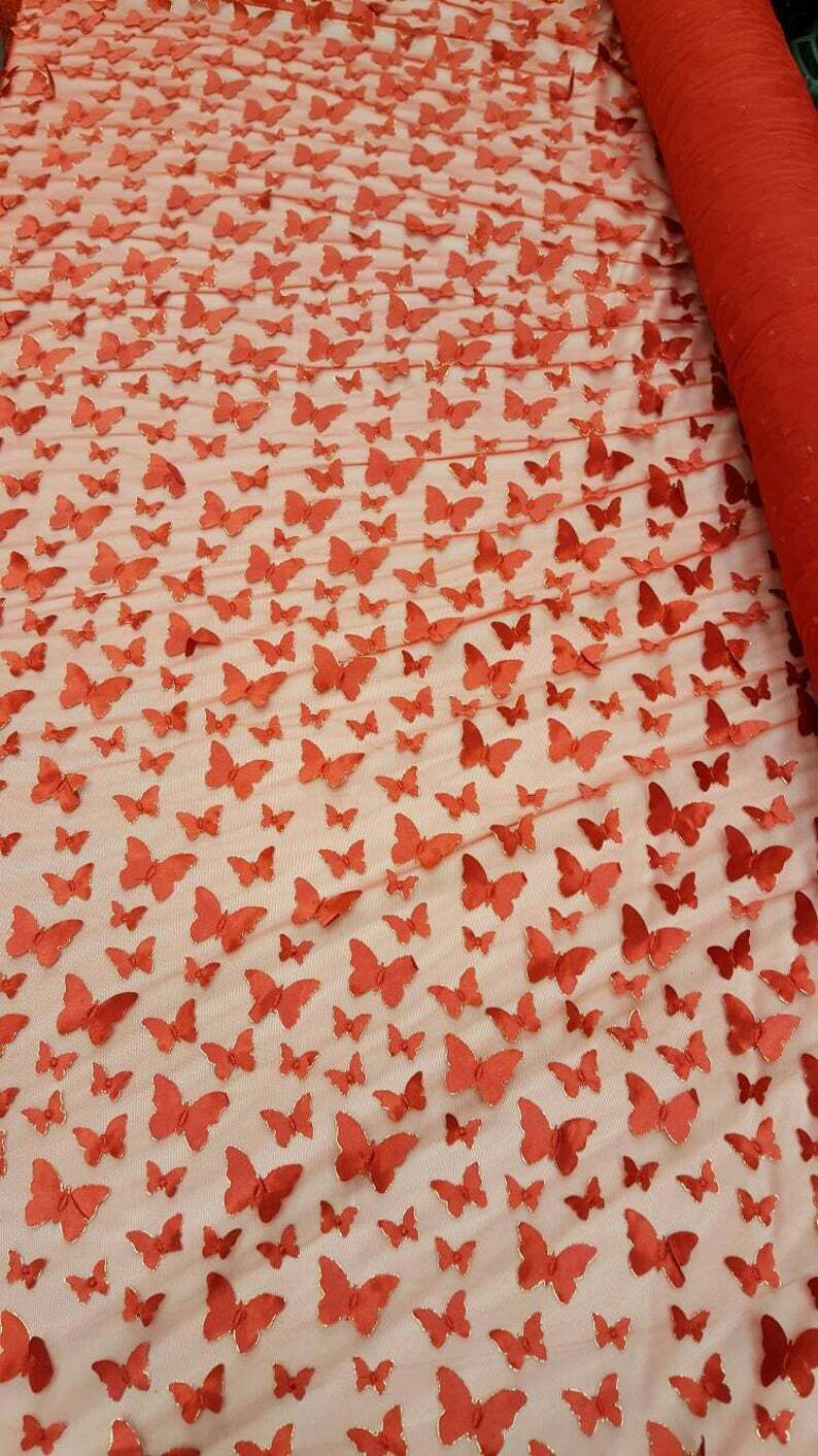 3D Satin Butterfly Embroidered Lace Red