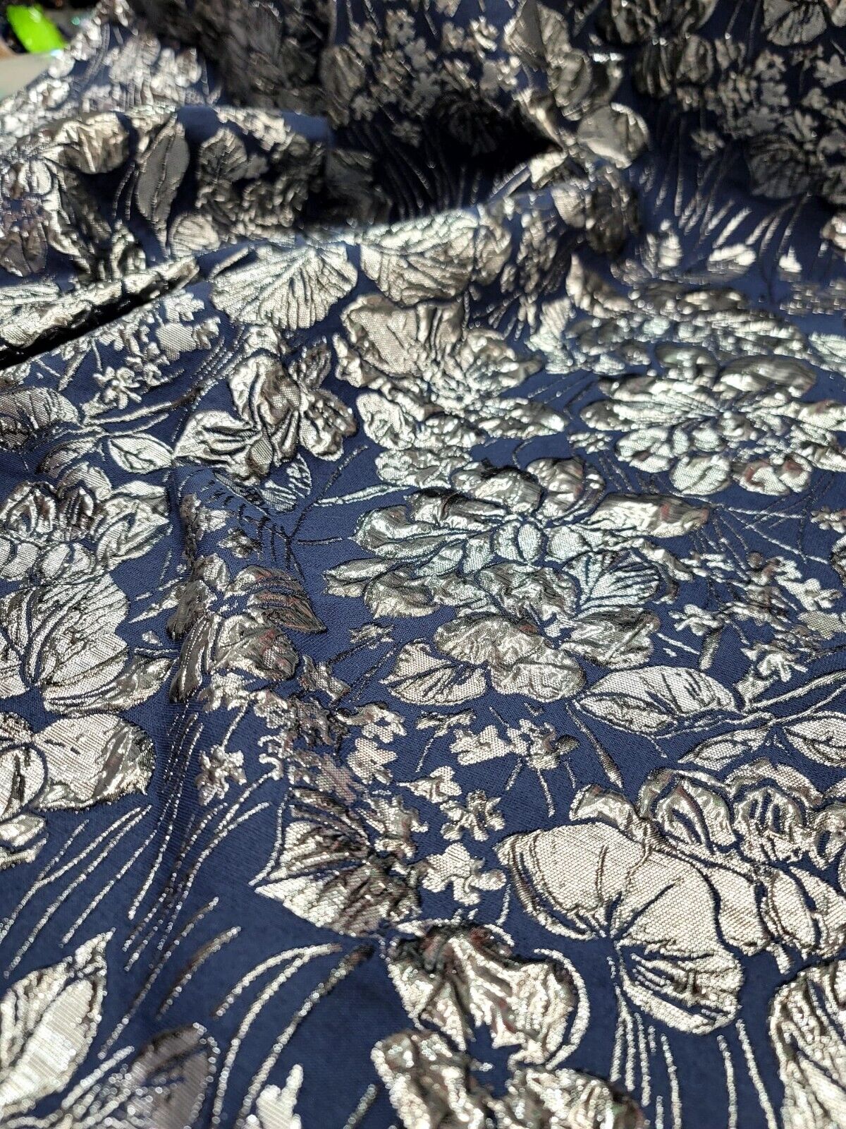 Brocade Jacquard Navy Blue Silver Floral