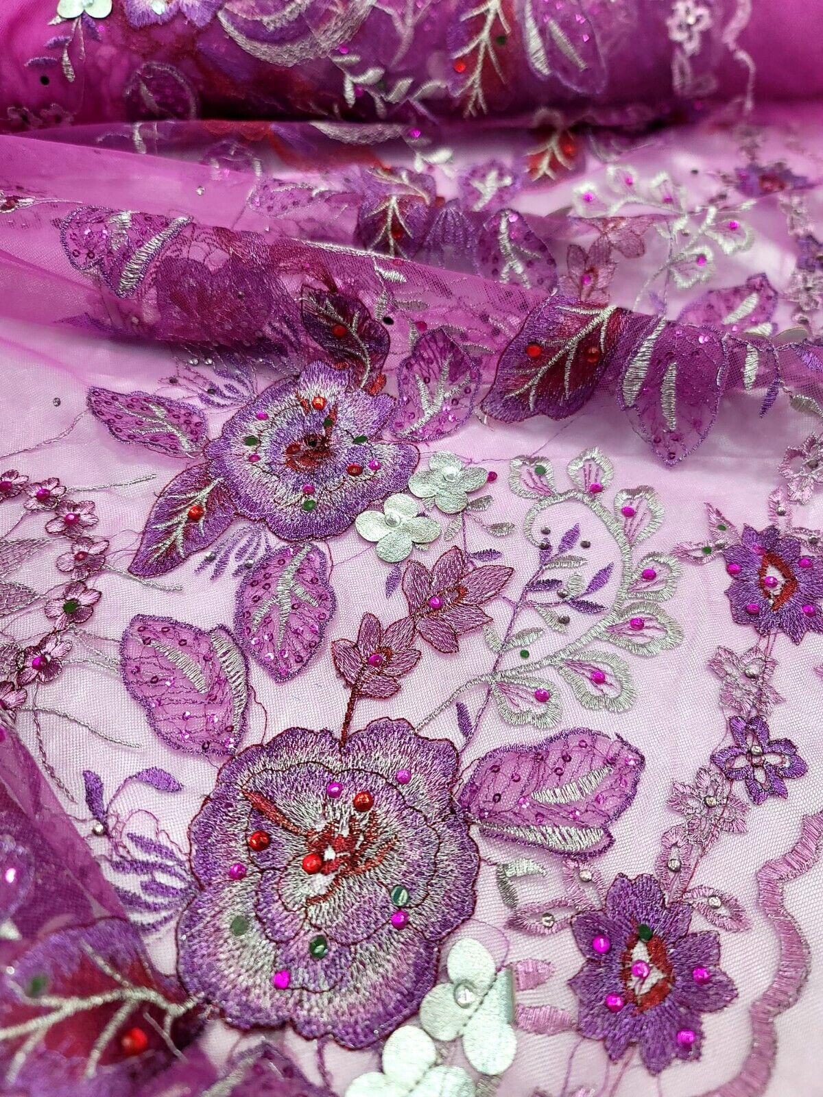 3D Floral Lace Purple with Silver Embroidery