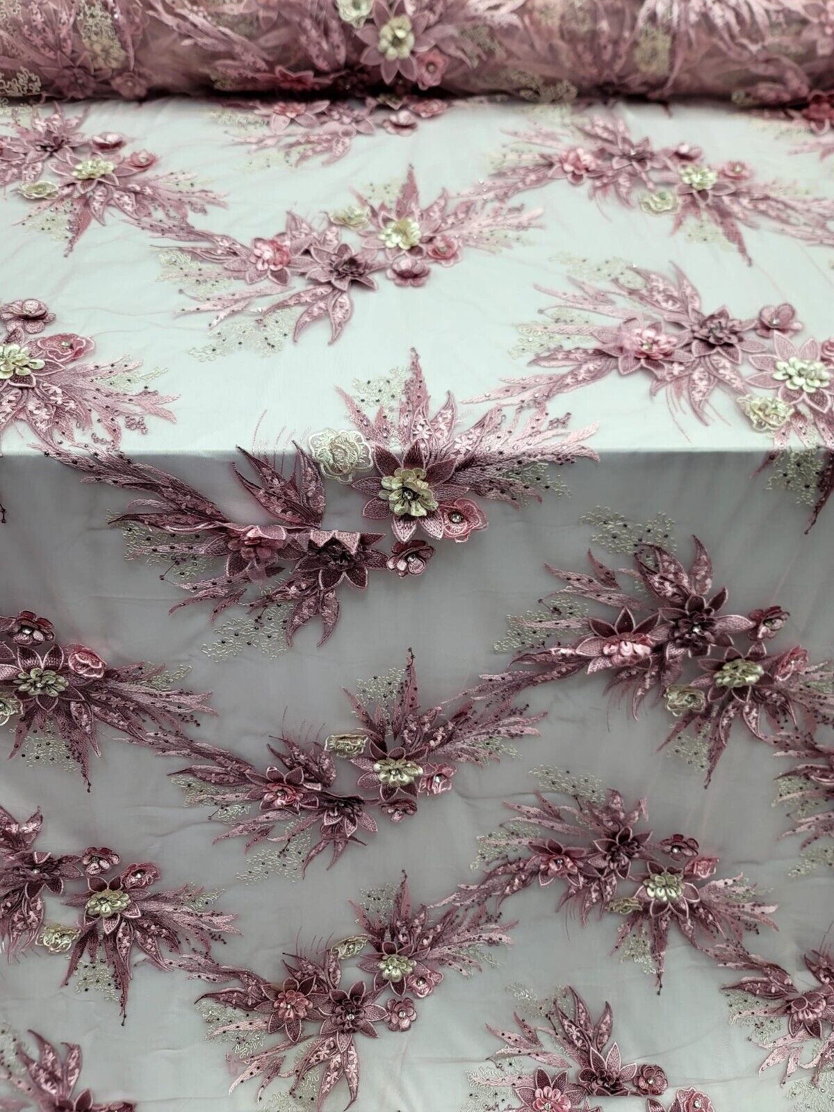 3D Embroidery Lace Fabric Dusty Rose