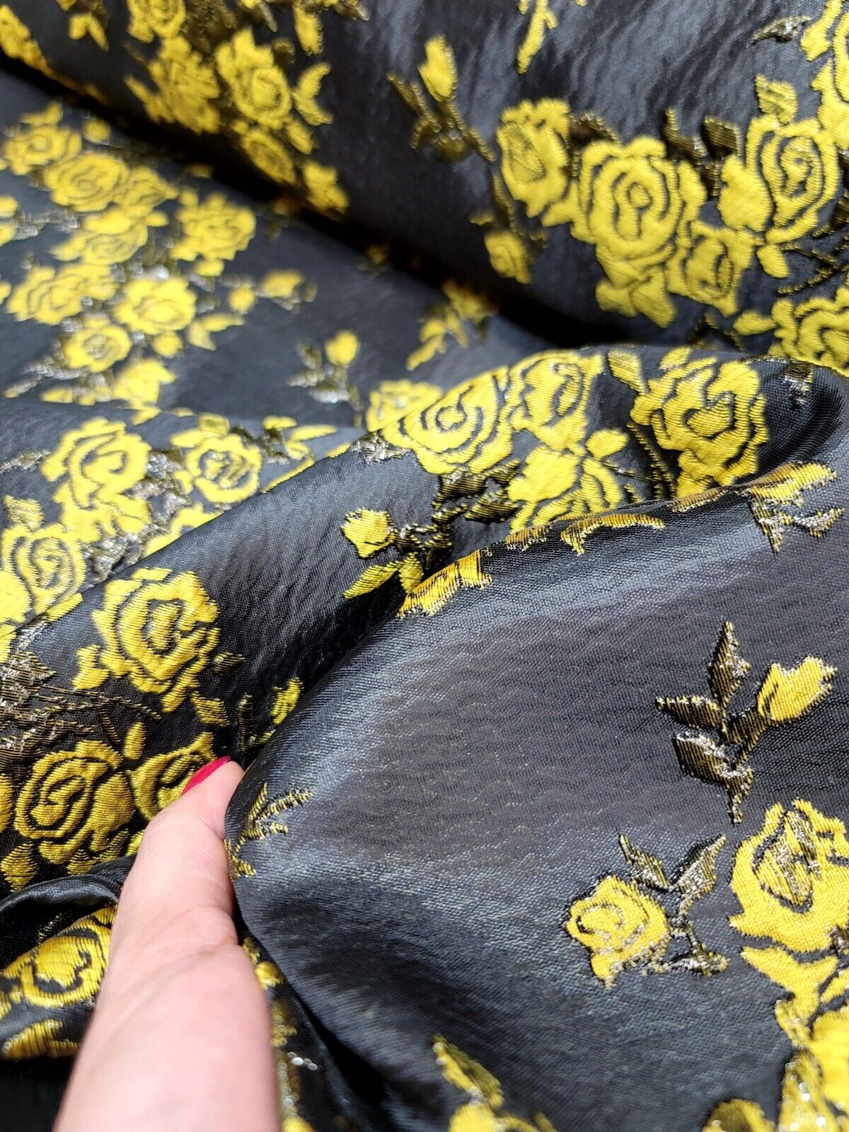 Floral Brocade Fabric Yellow Black