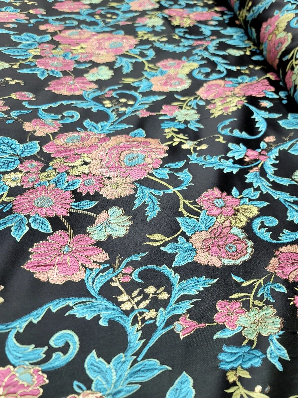 Brocade Jacquard Floral Fabric Green Fuchsia Blue