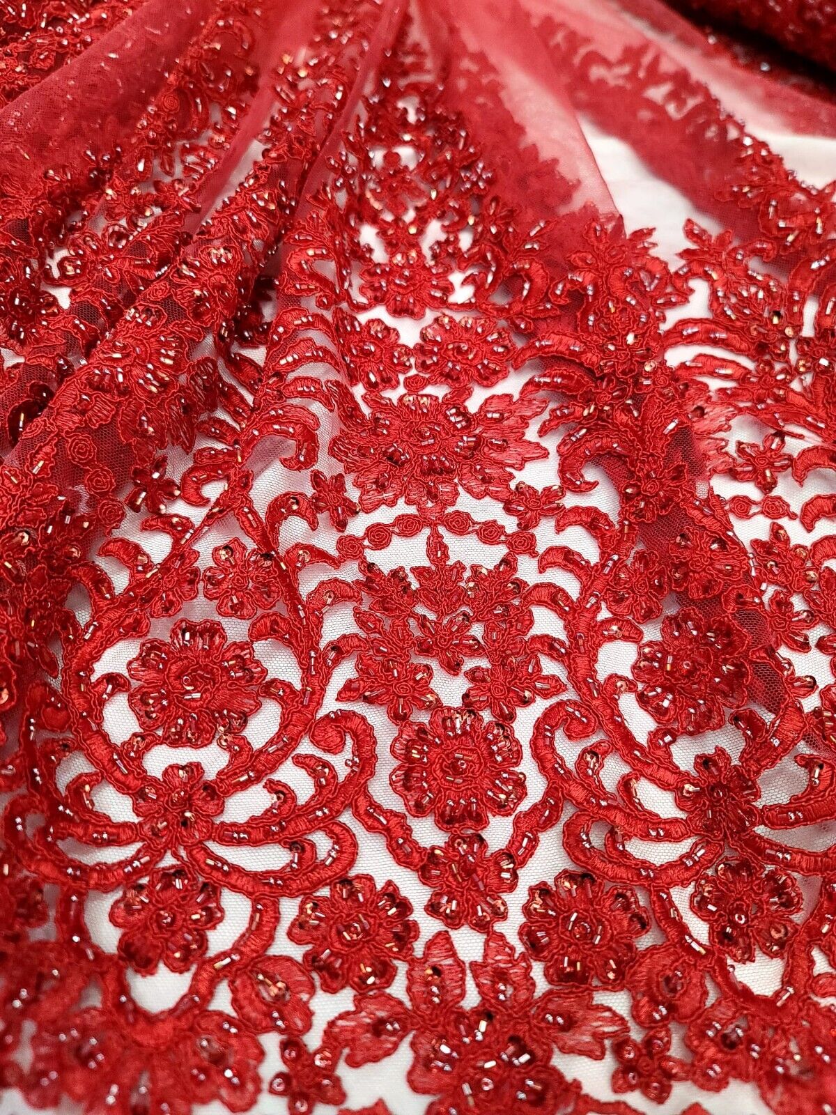 Beaded Embroidered Lace Fabric Red