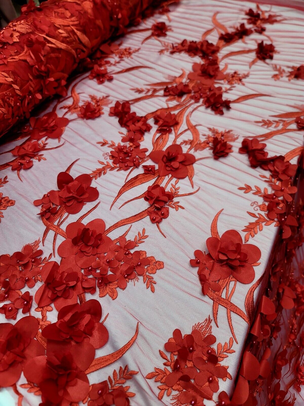 Red 3D Floral Embroidered Pearl Mesh Lace