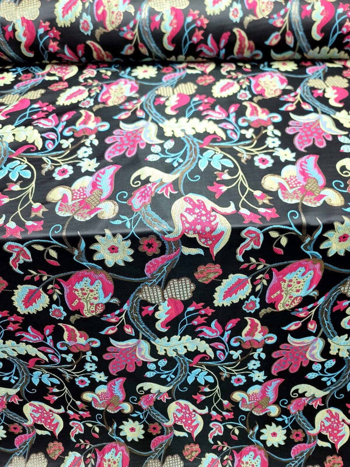 Brocade Jacquard Floral Fabric Green Fuchsia Blue