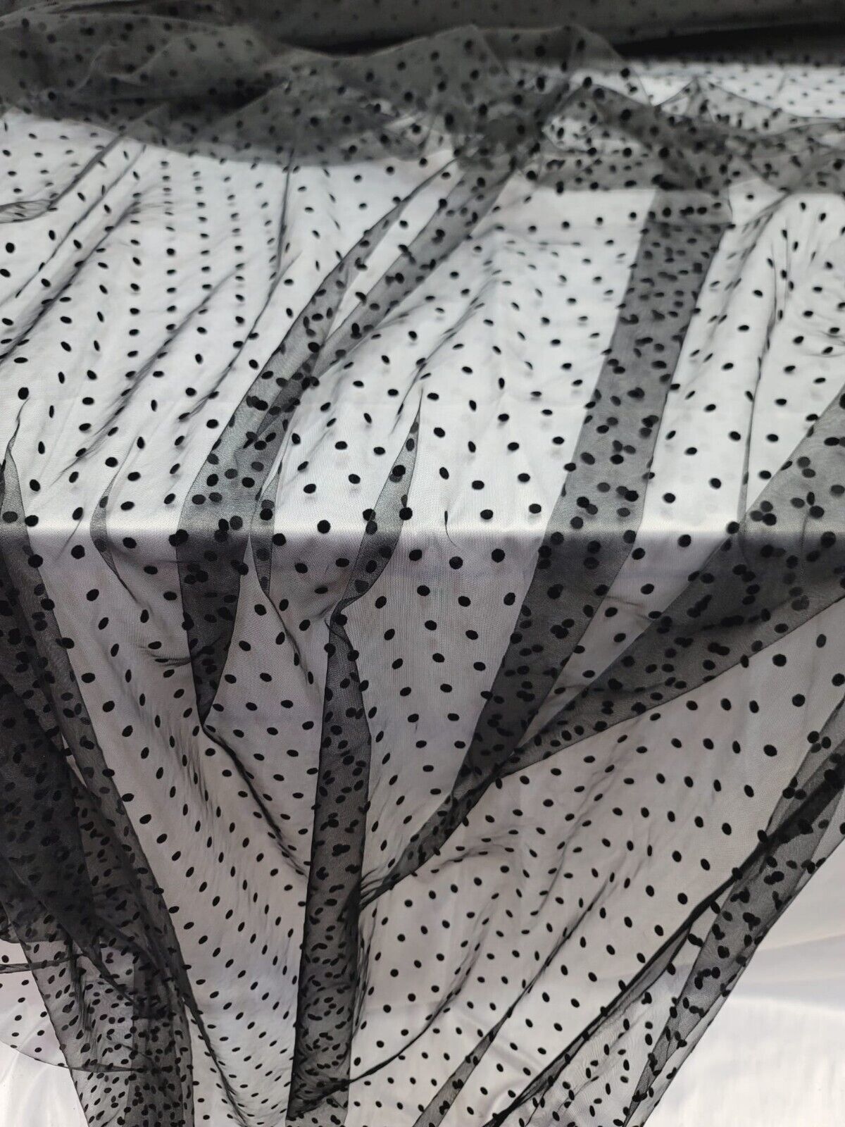 Black Tulle Mesh Fabric with Velvet Polka Dots