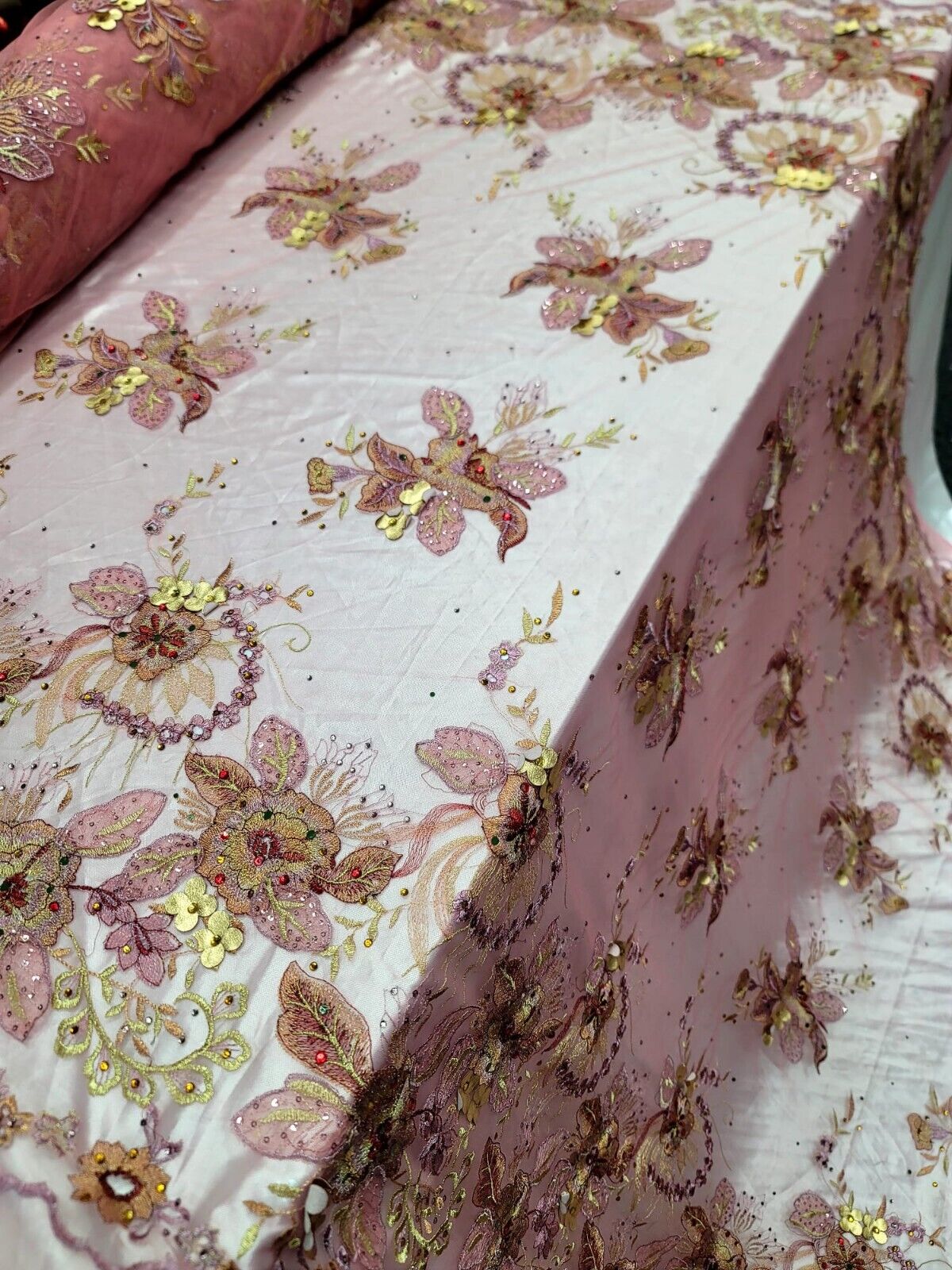 3D Floral Lace Fabric Coral Gold Rhinestone