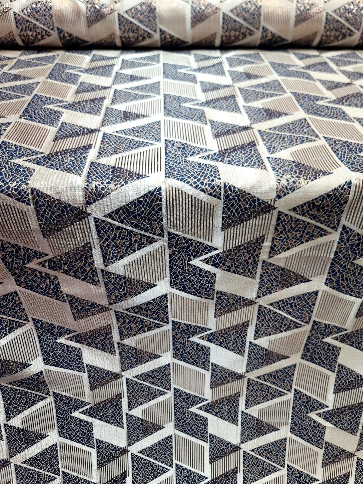 Brocade Jacquard Metallic Gold Geometric Navy Blue