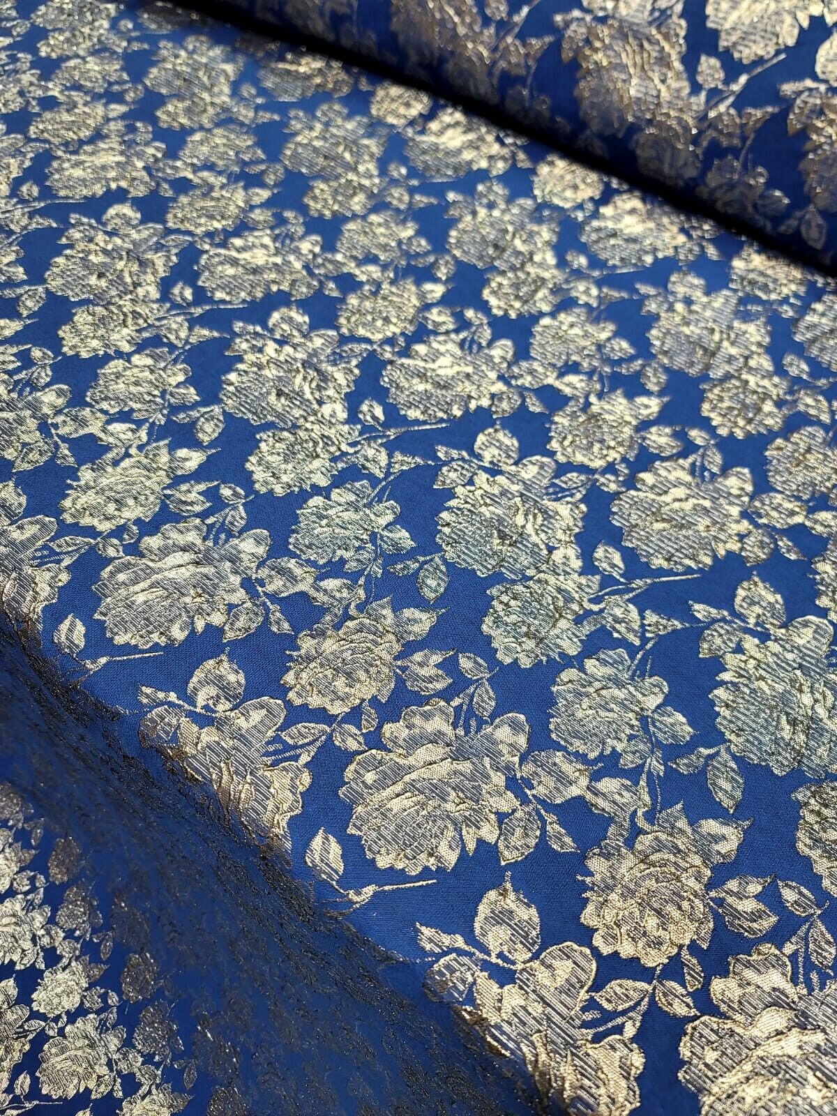 Royal Blue Brocade Fabric Metallic Silver Floral Emboss