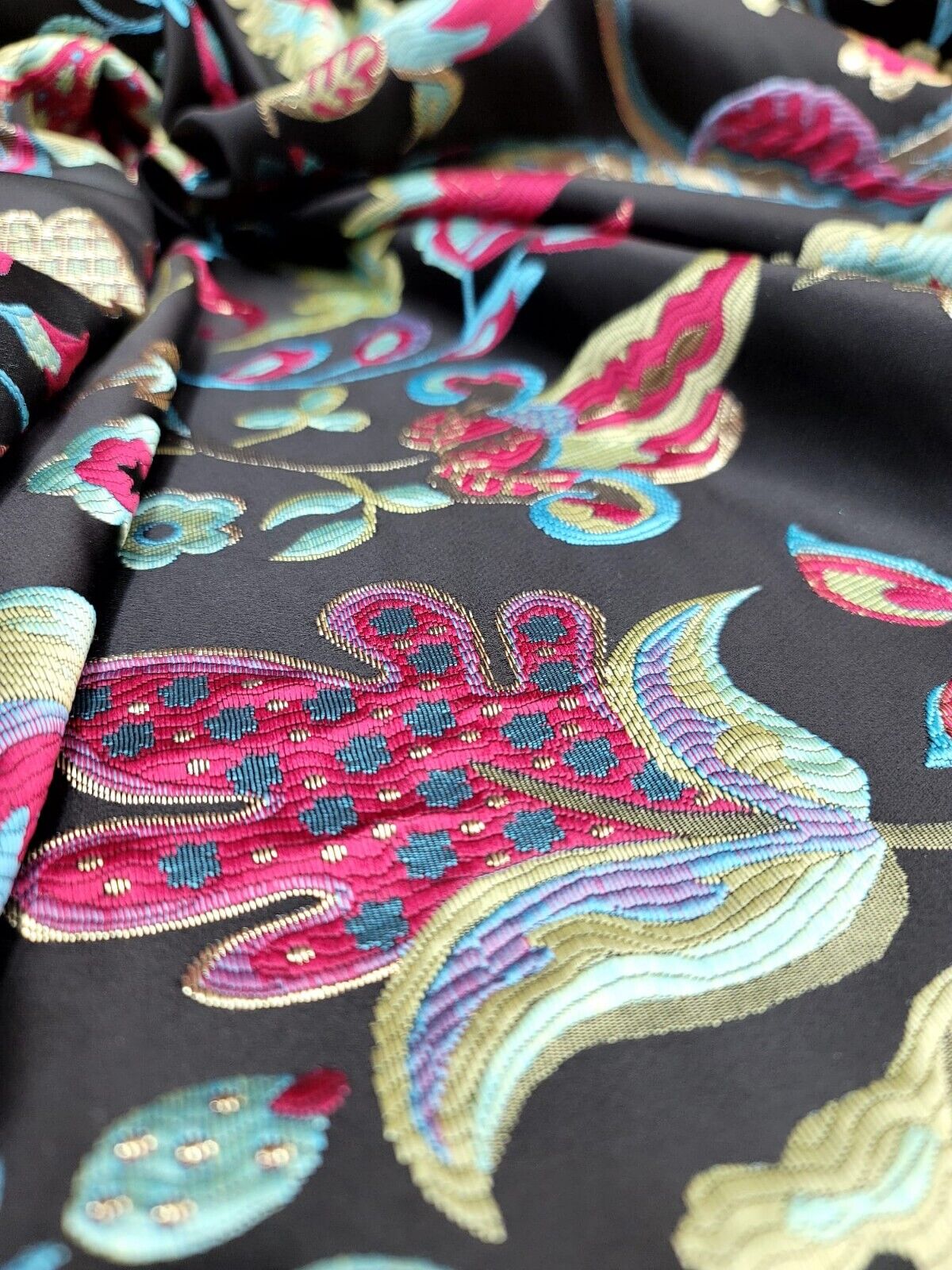 Brocade Jacquard Floral Fabric Green Fuchsia Blue