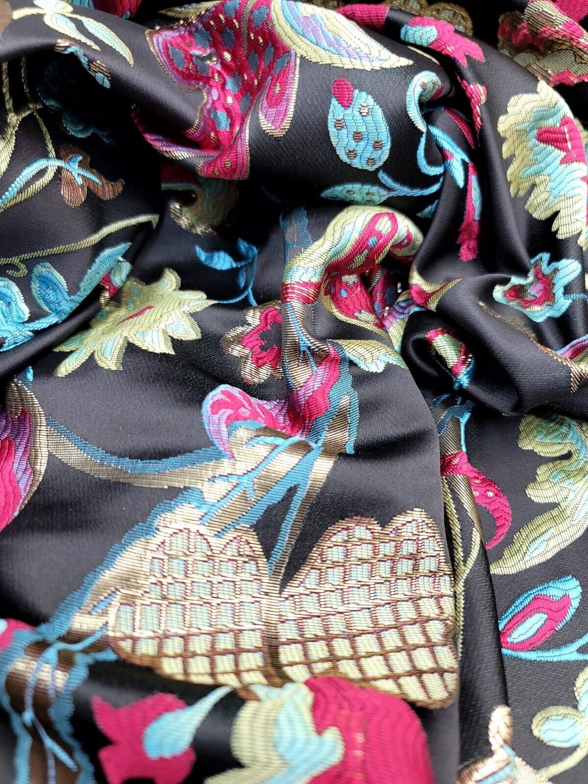 Brocade Jacquard Floral Fabric Green Fuchsia Blue