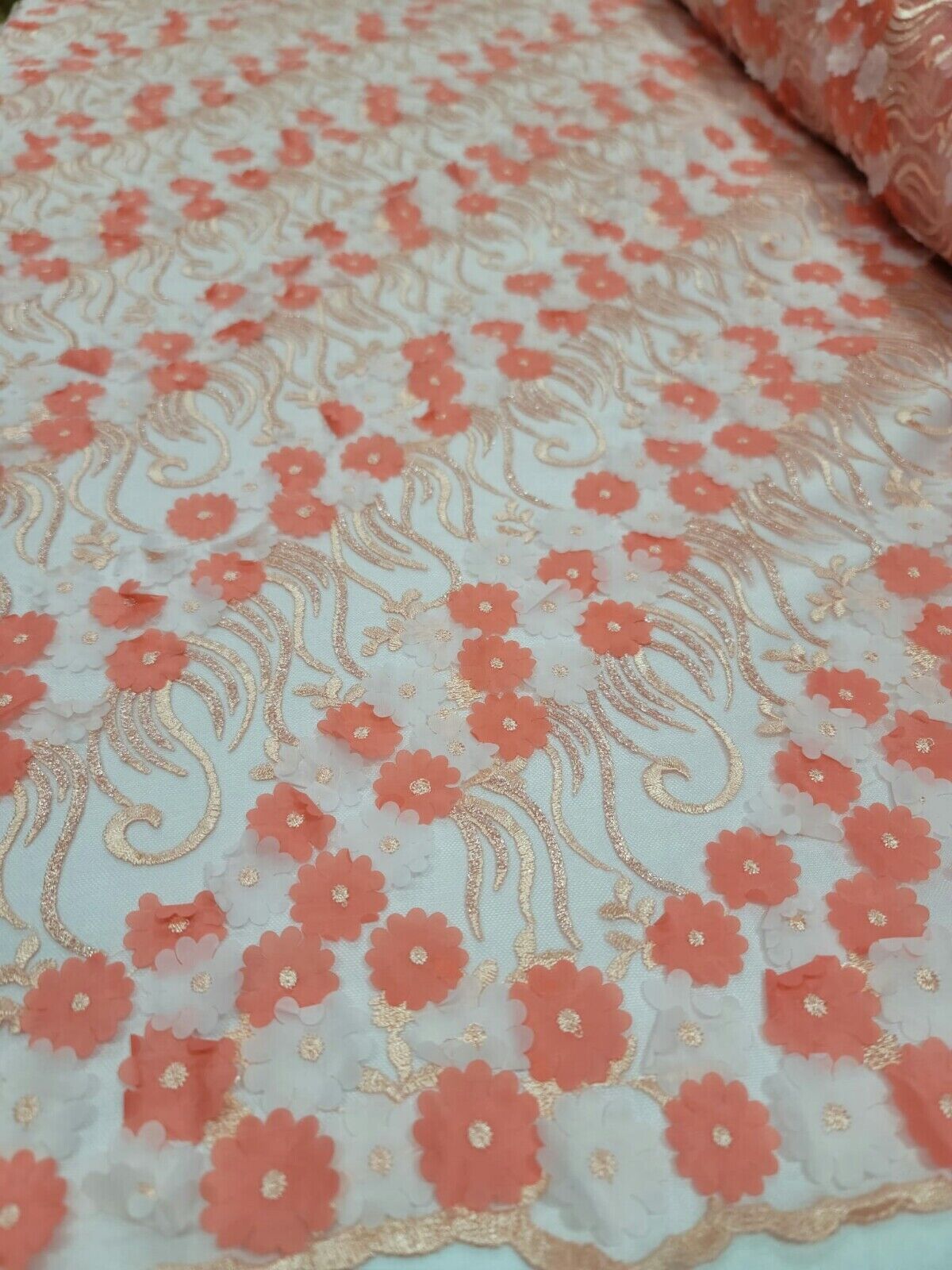 3D Floral Lace Coral Embroidery Sequin Fabric