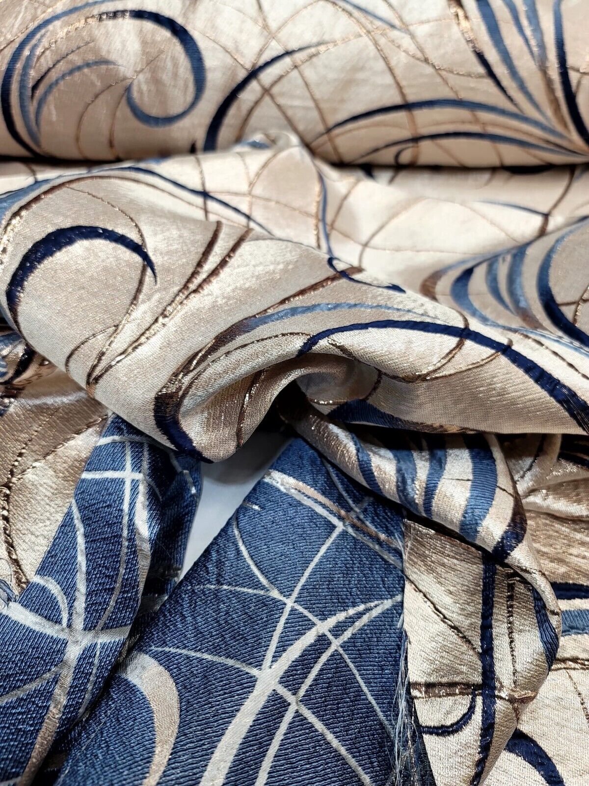 Brocade Jacquard Navy Blue Swirls Gold Metallic Beige