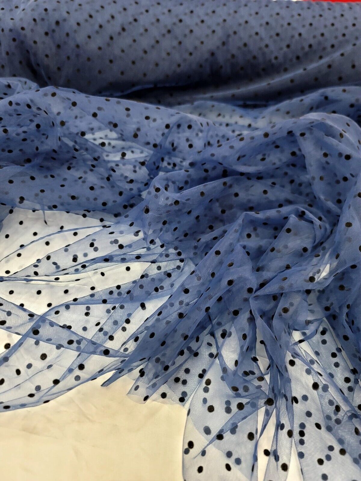 Tulle Mesh Fabric Navy Blue with Black Velvet Polka Dots
