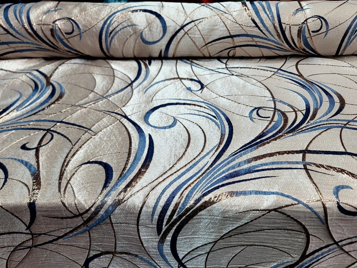 Brocade Jacquard Navy Blue Swirls Gold Metallic Beige