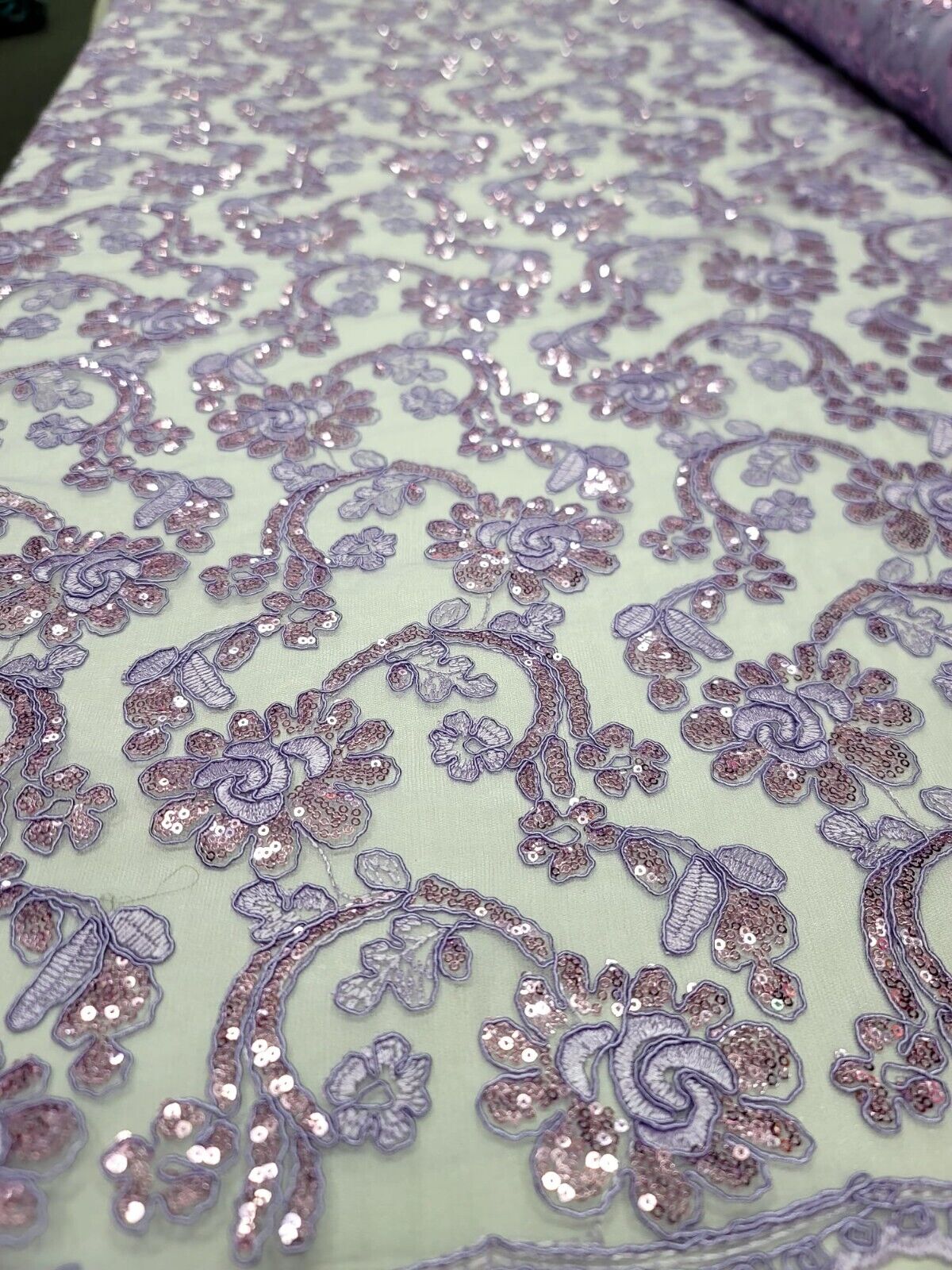 Embroidered Floral Lace Mesh Fabric Lavender