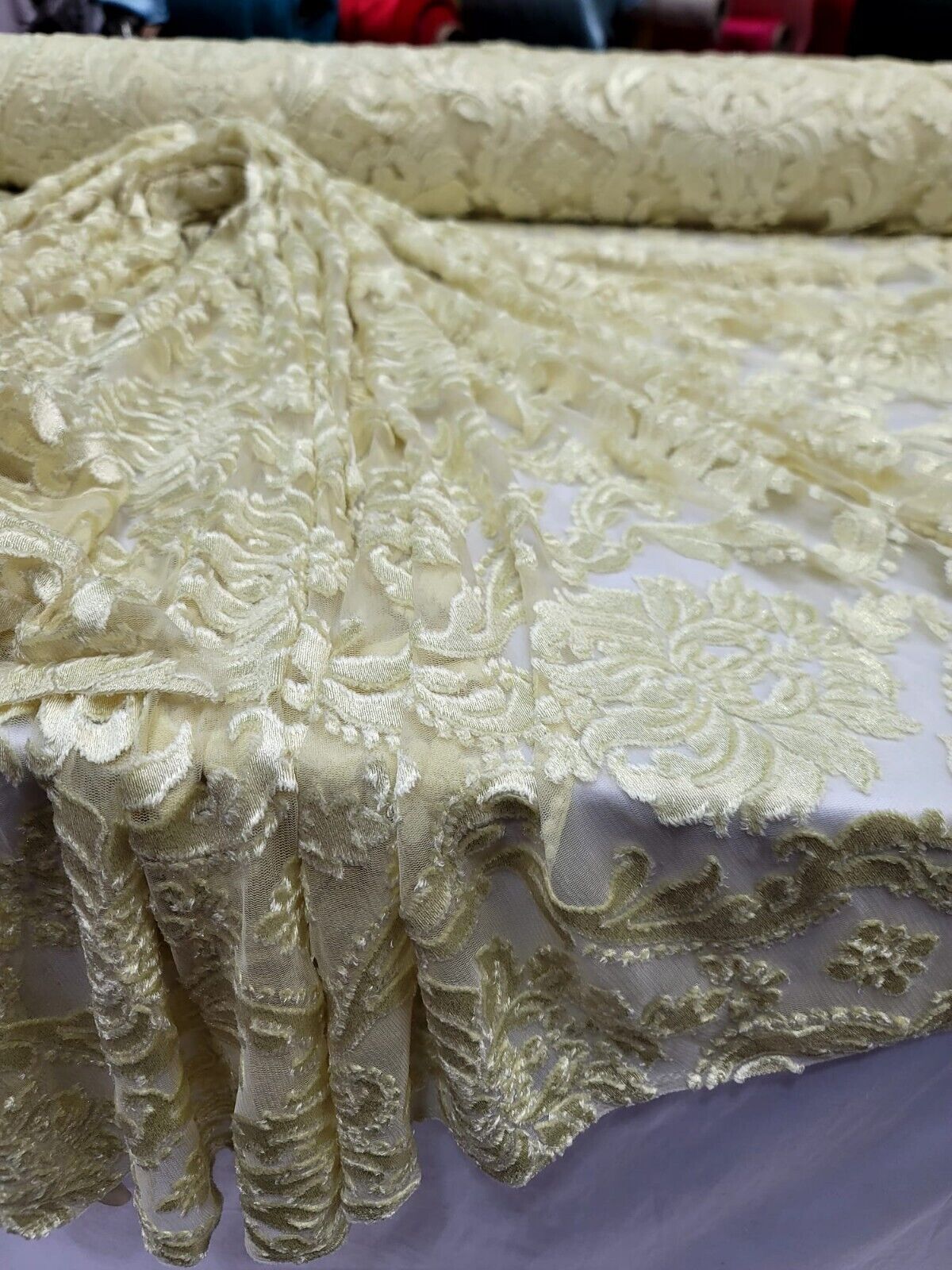 Embroidered Stretch Lace Fabric Sheer Floral Pale Yellow