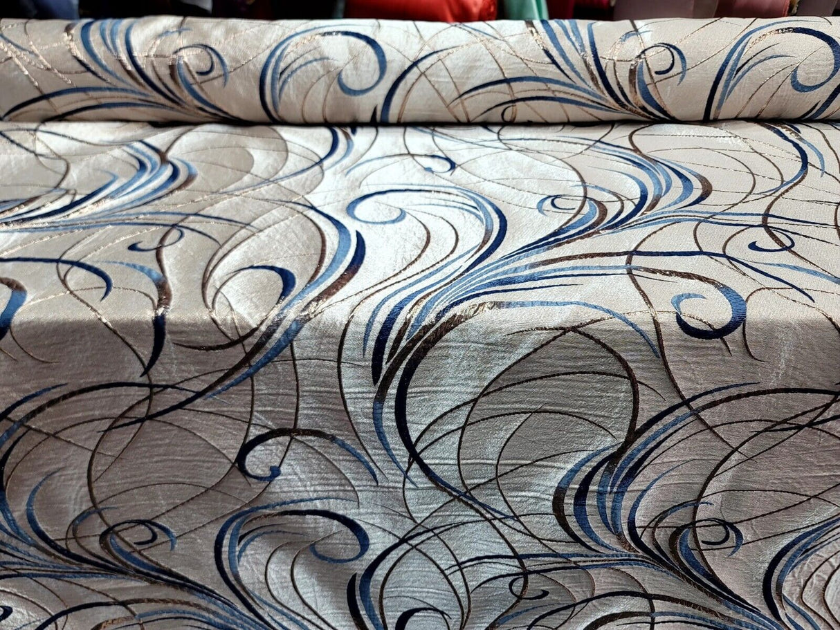 Brocade Jacquard Navy Blue Swirls Gold Metallic Beige