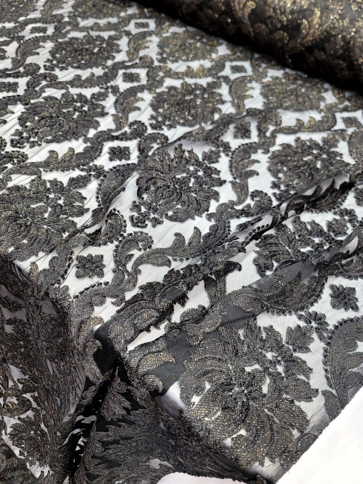 Embroidered Stretch Lace Fabric Black Gold Accent