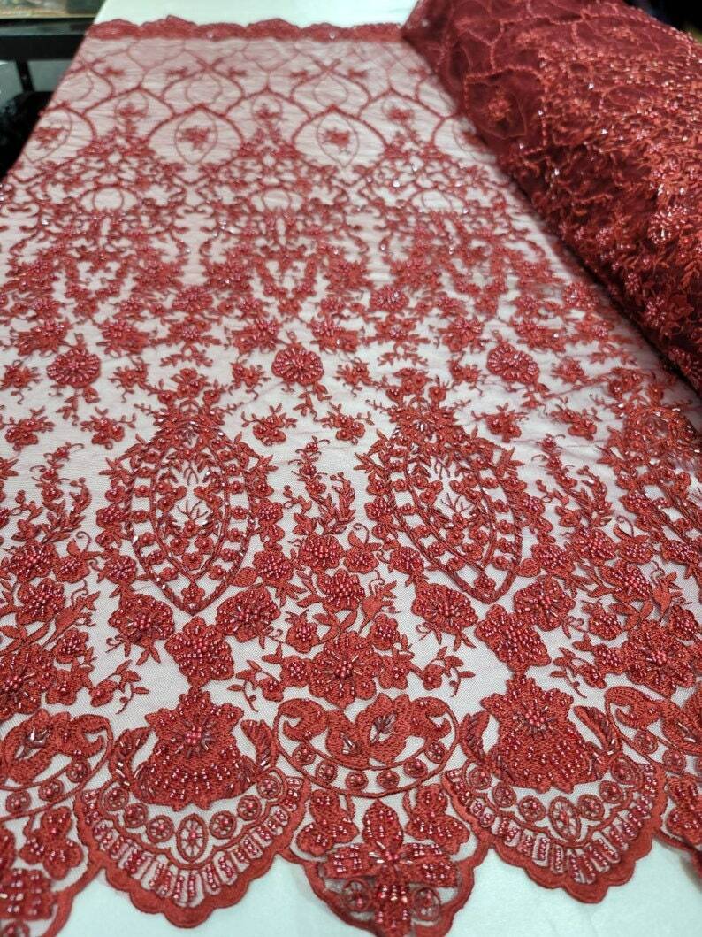 Beaded Lace Fabric Burgundy Floral Embroidery Mesh