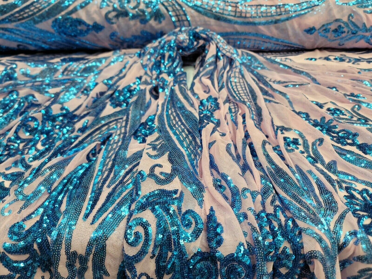 Royal Blue Sequin Lace Fabric