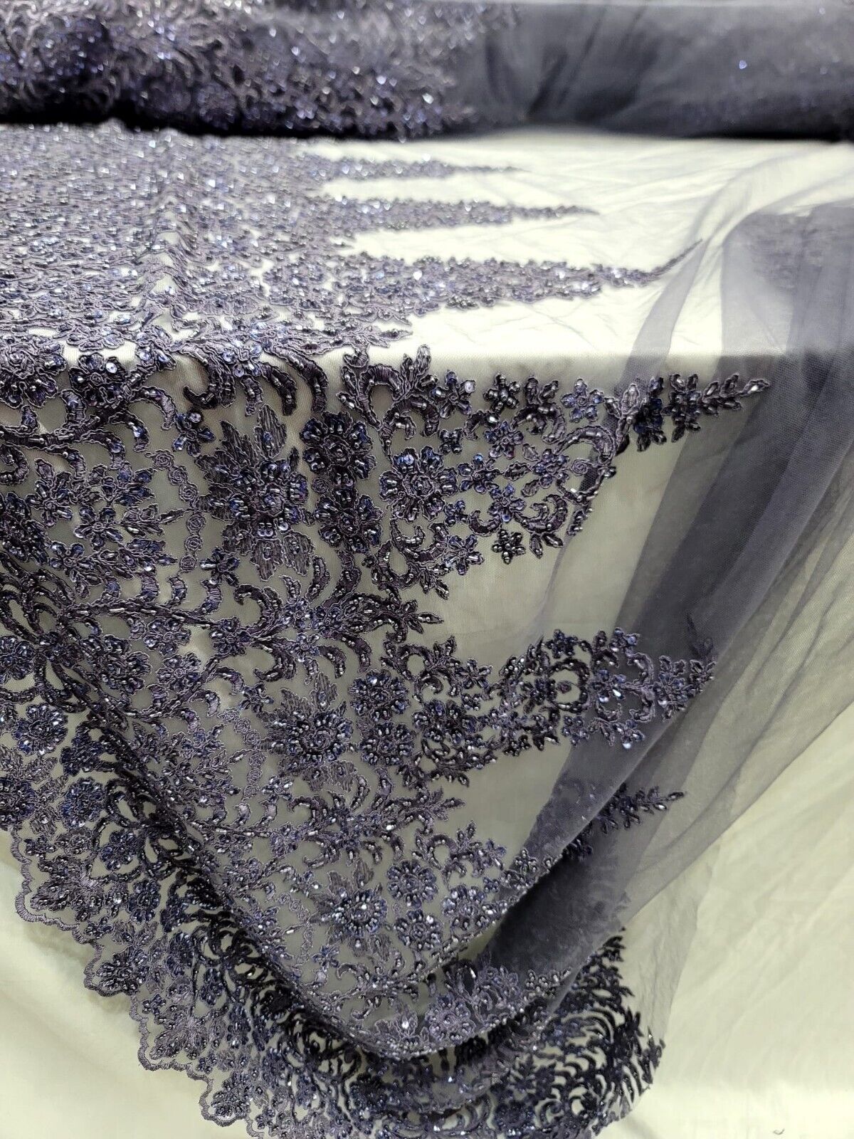 Beaded Embroidered Lace Fabric Purple Violet Edges