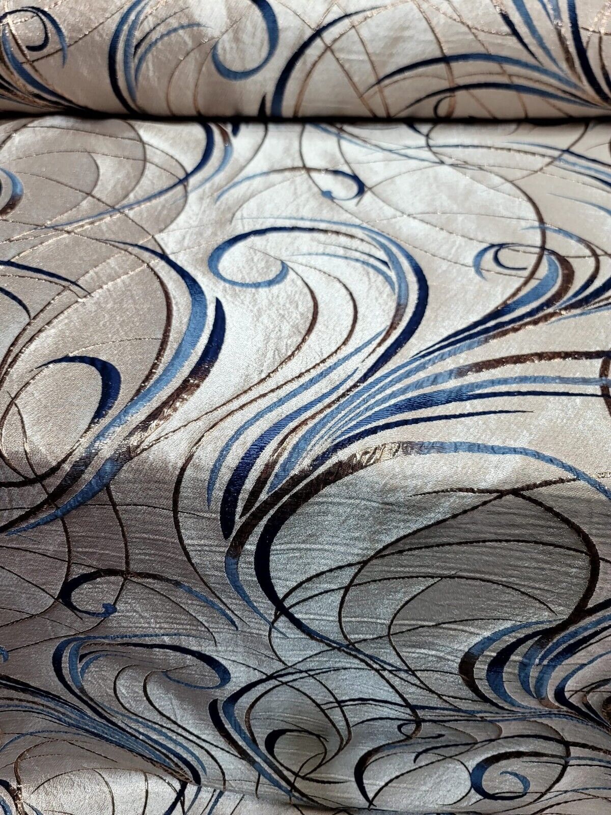 Brocade Jacquard Navy Blue Swirls Gold Metallic Beige