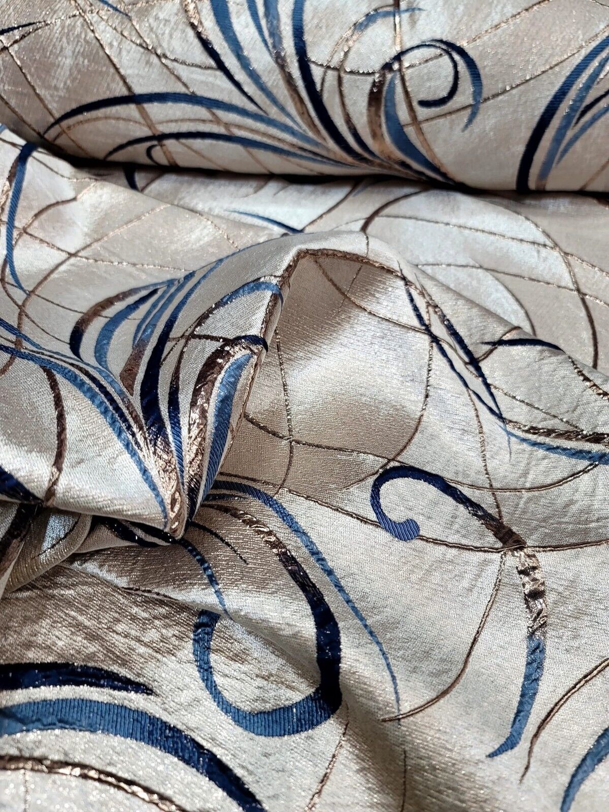 Brocade Jacquard Navy Blue Swirls Gold Metallic Beige