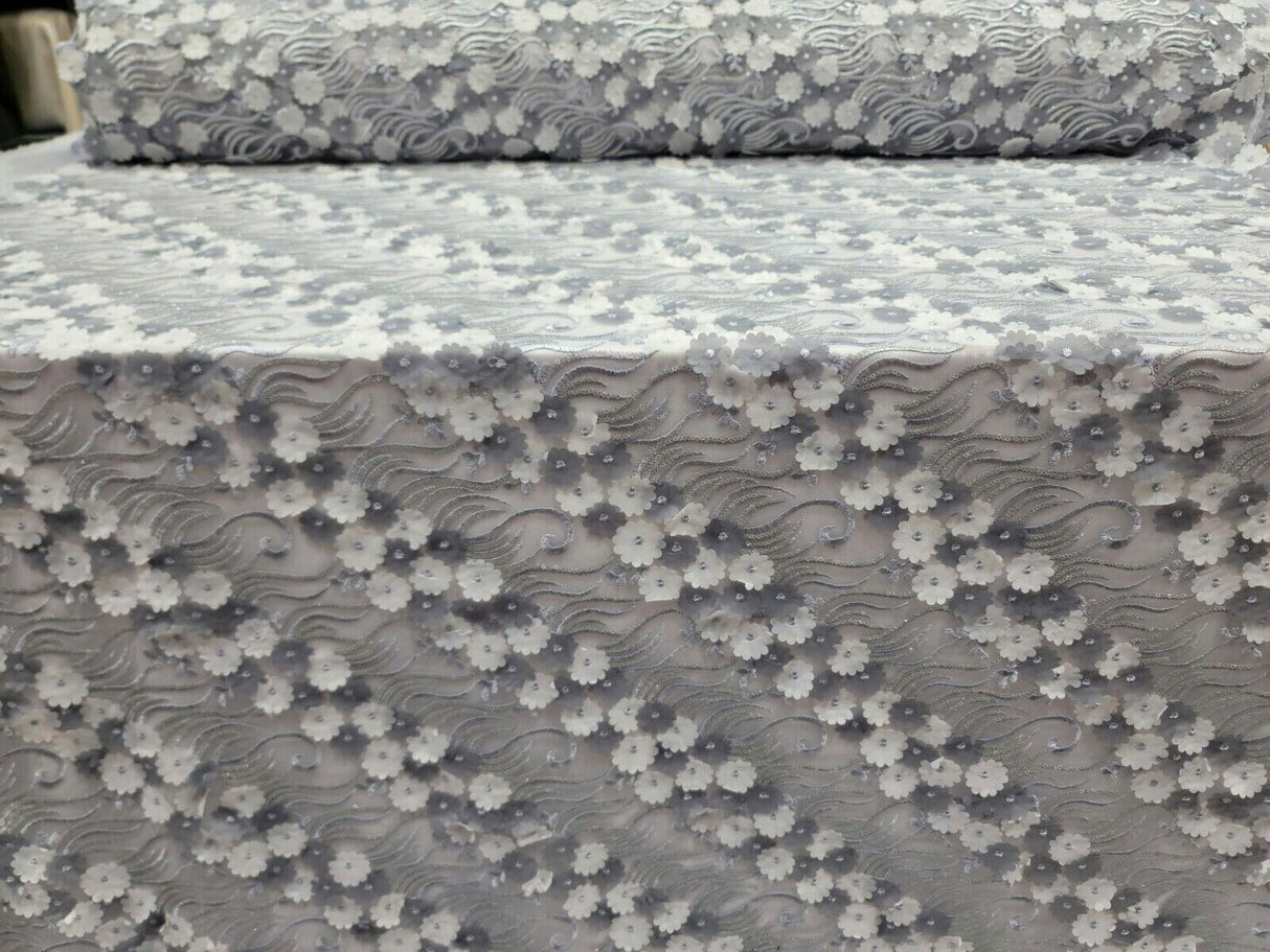3D Floral Lace Gray Embroidery Sequin Fabric