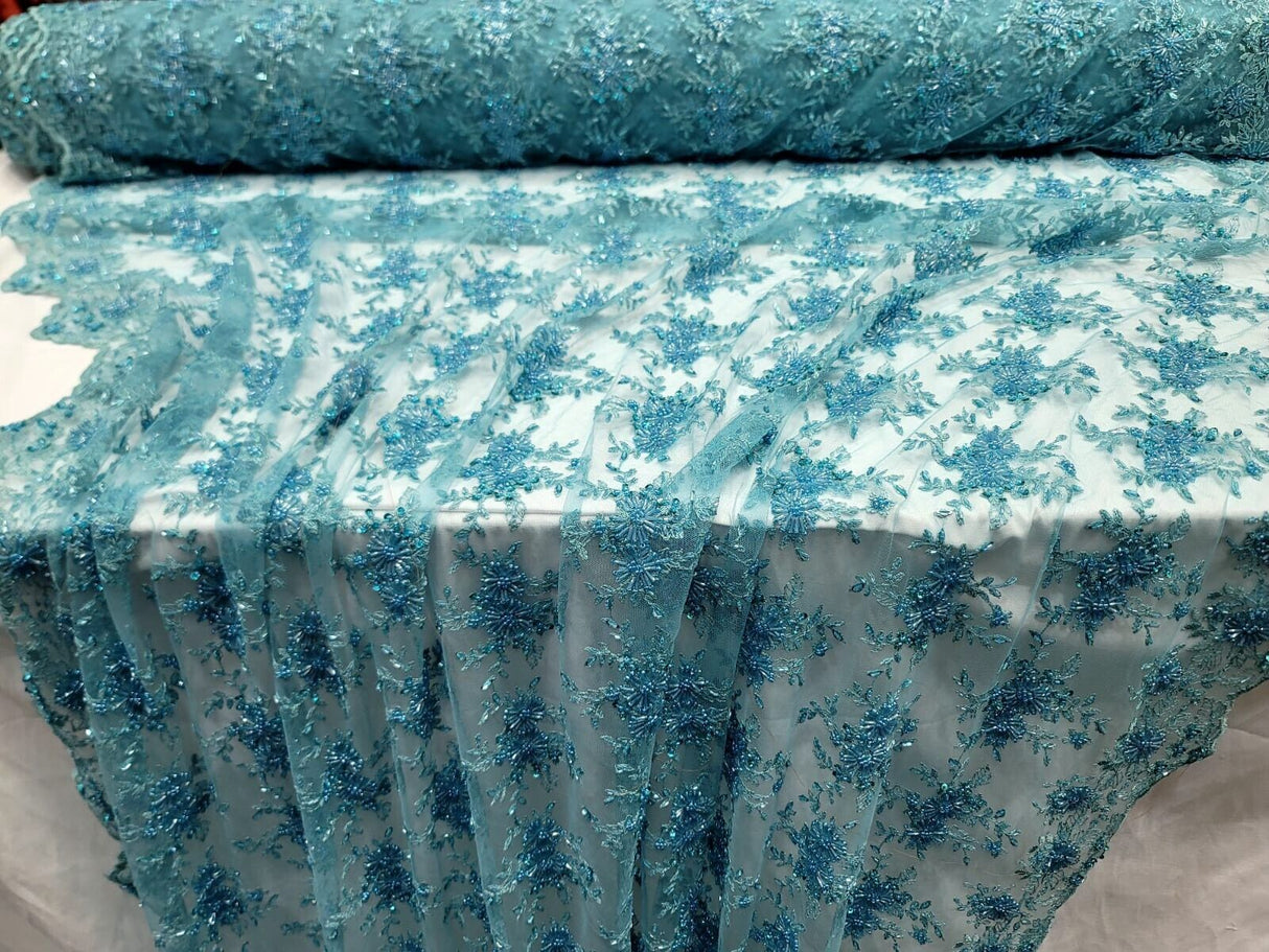 Beaded Embroidered Lace Fabric Turquoise