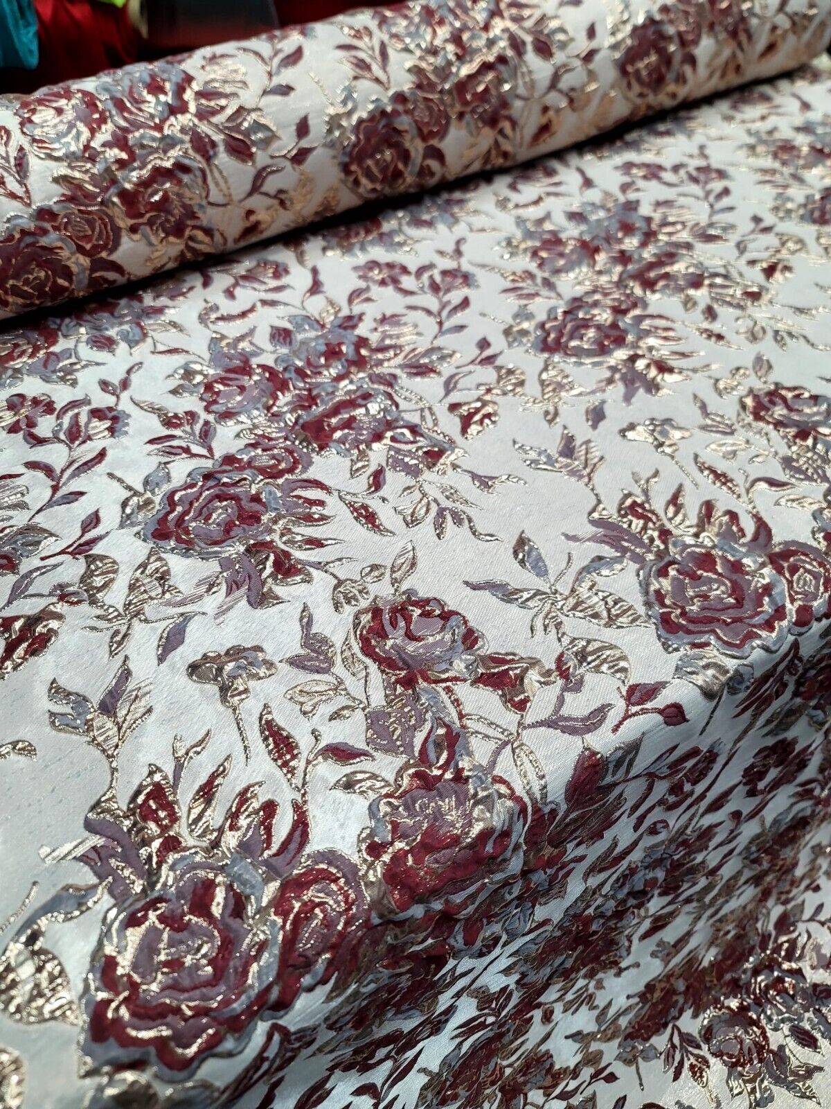 Burgundy Metallic Brocade Floral Fabric