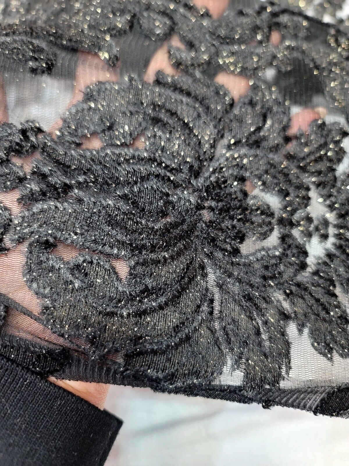 Embroidered Stretch Lace Fabric Black Gold Accent