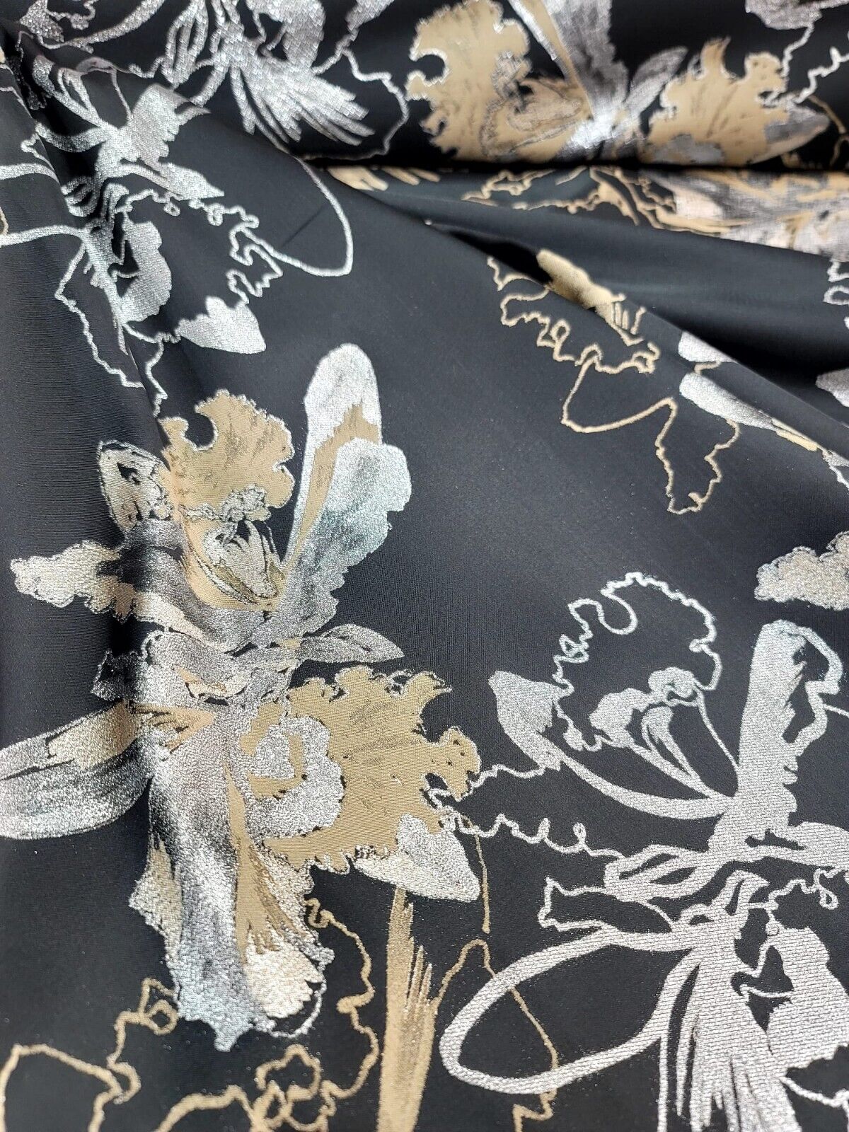 Brocade Jacquard Floral Fabric Gold Silver Black