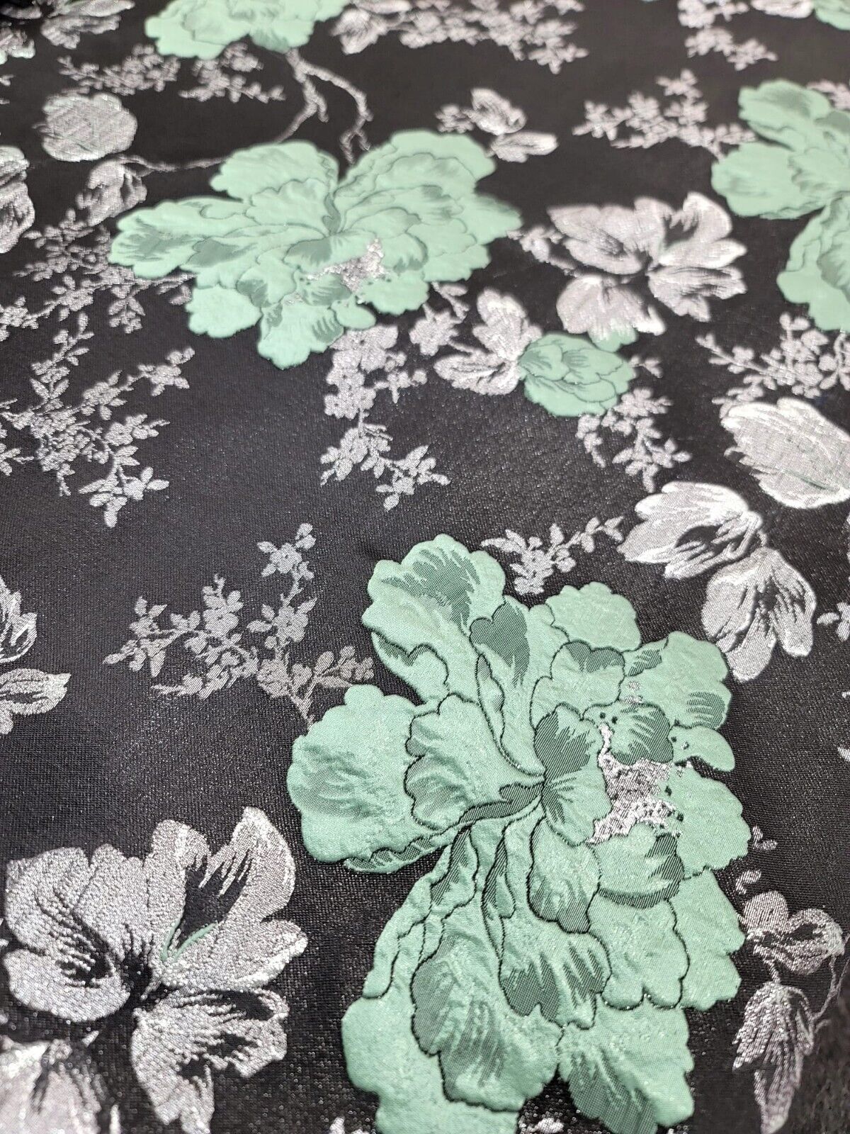 Brocade Jacquard Floral Fabric Sage Green Silver Black