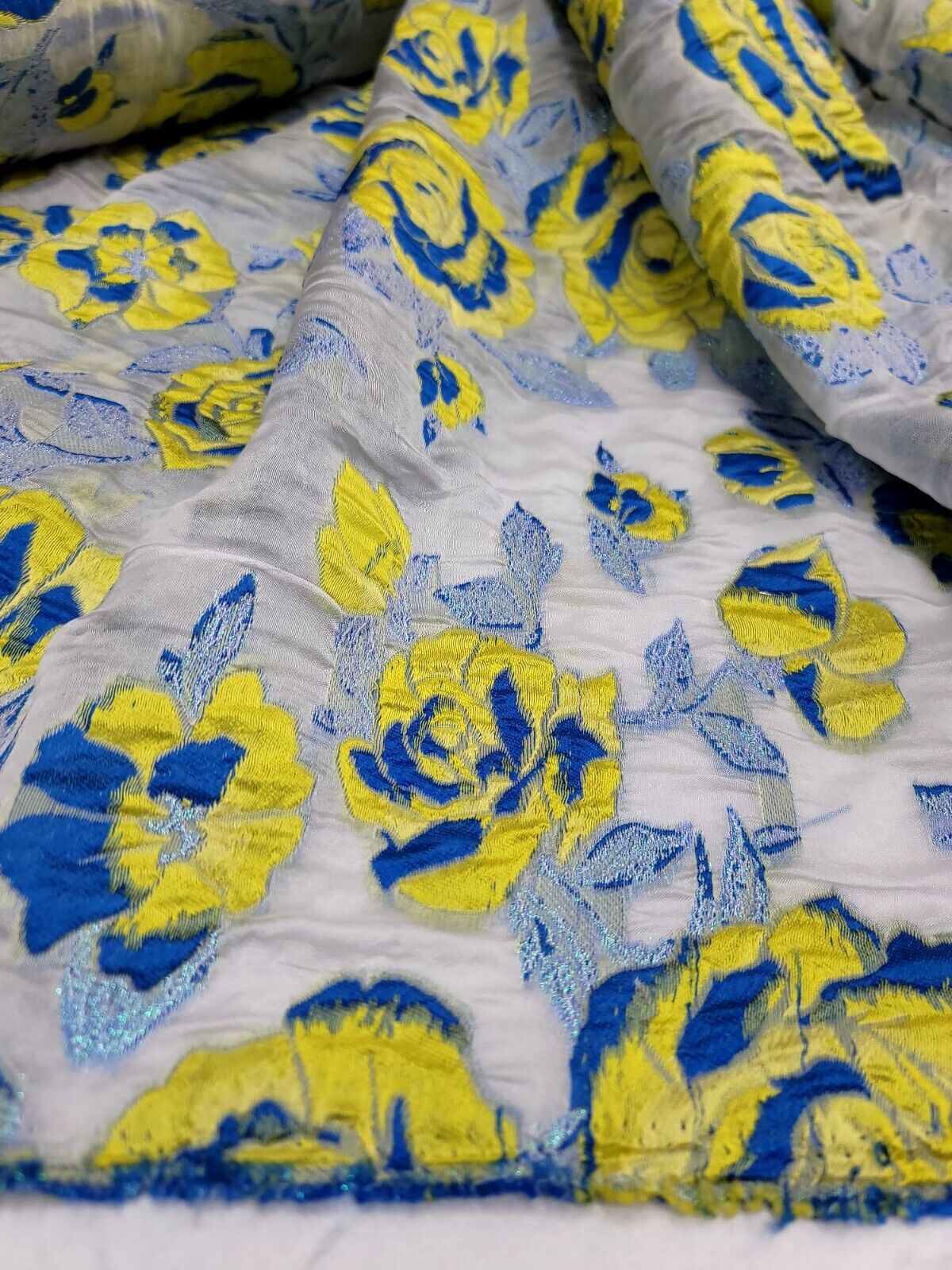 Brocade Jacquard Organza Fabric Yellow Royal Blue Floral