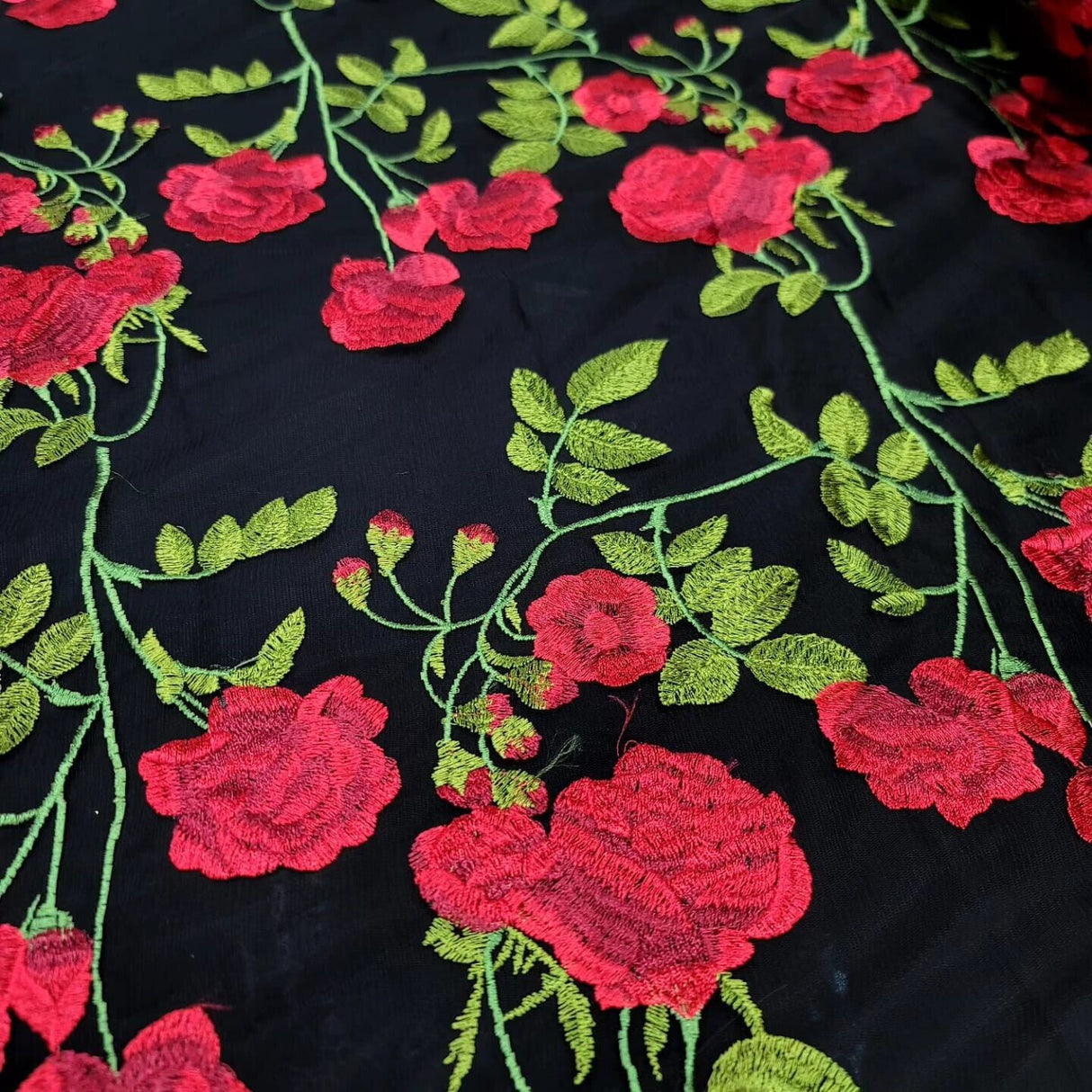 Embroidered Black Lace Fabric with Red and Green Flowers