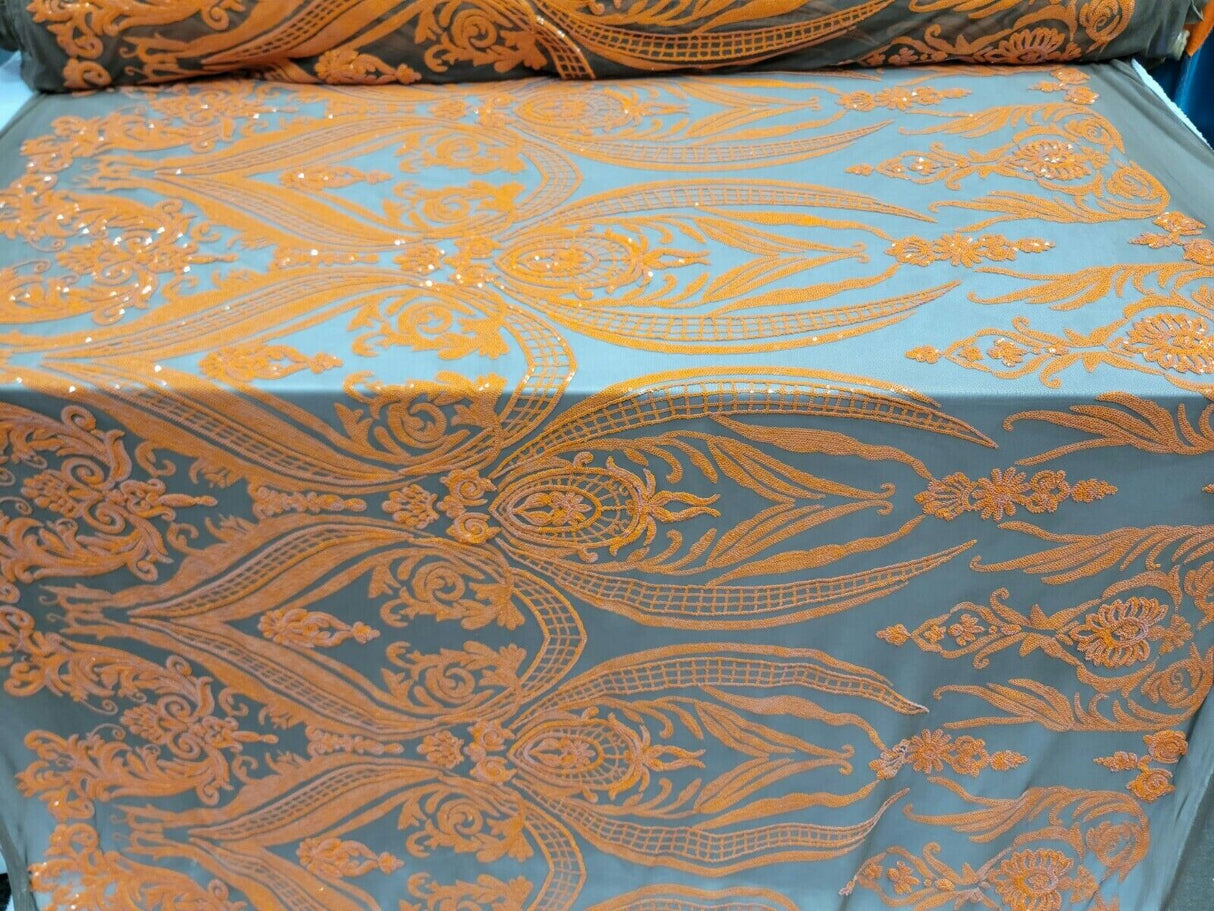 Orange Sequin Embroidered Lace Stretch Mesh Fabric