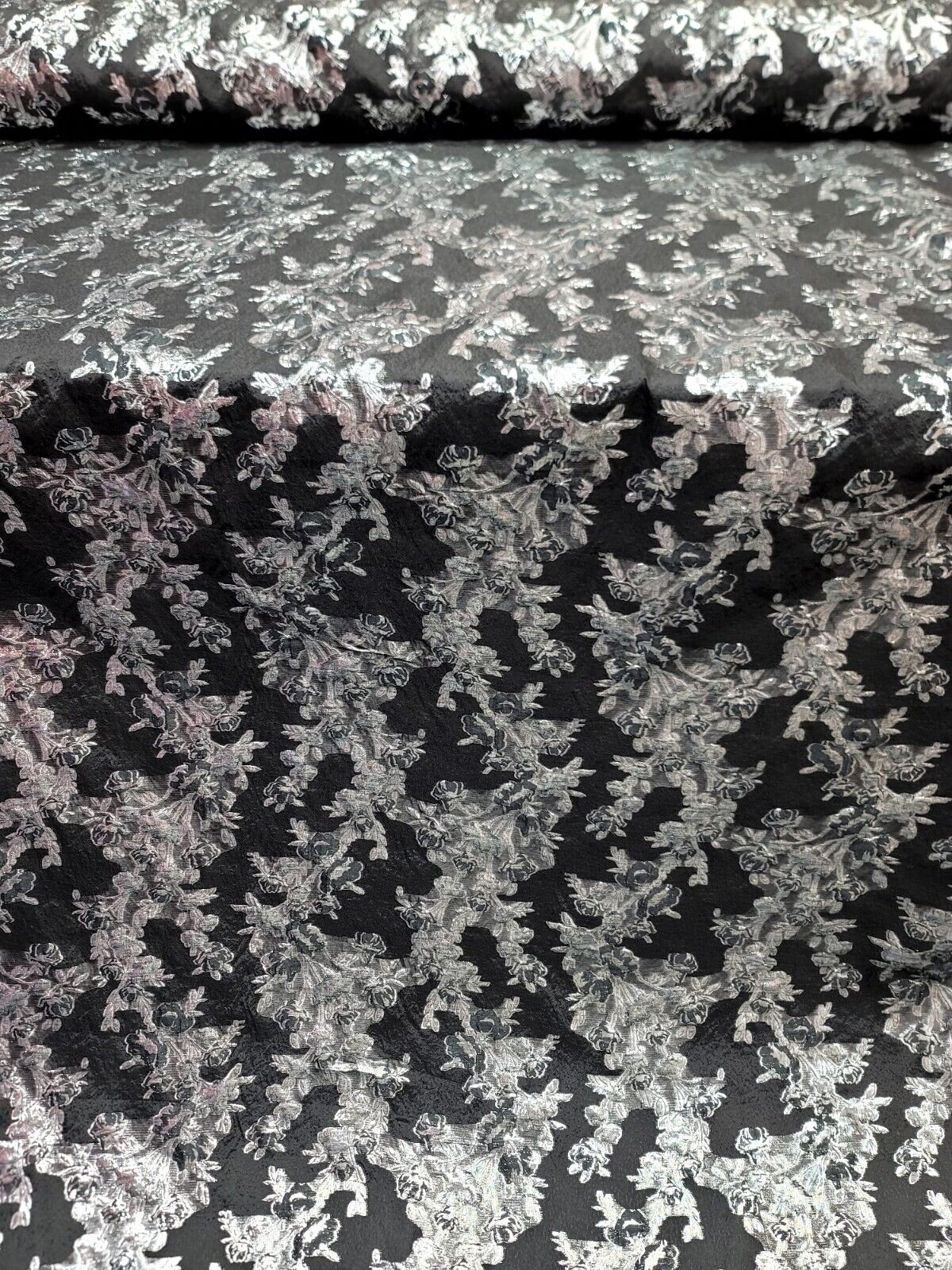 Black Organza Brocade Silver Floral Fabric