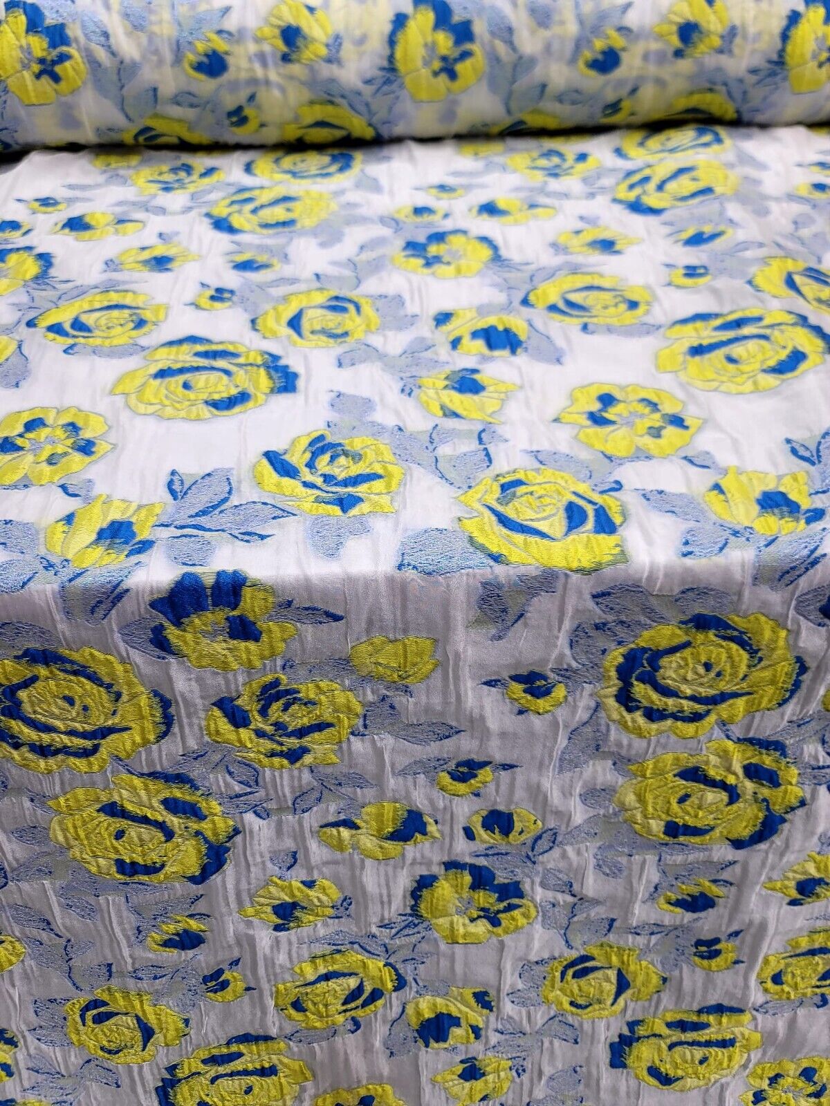 Brocade Jacquard Organza Fabric Yellow Royal Blue Floral