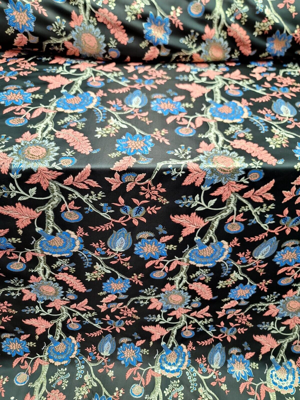 Brocade Jacquard Fabric Coral Blue Floral Damask