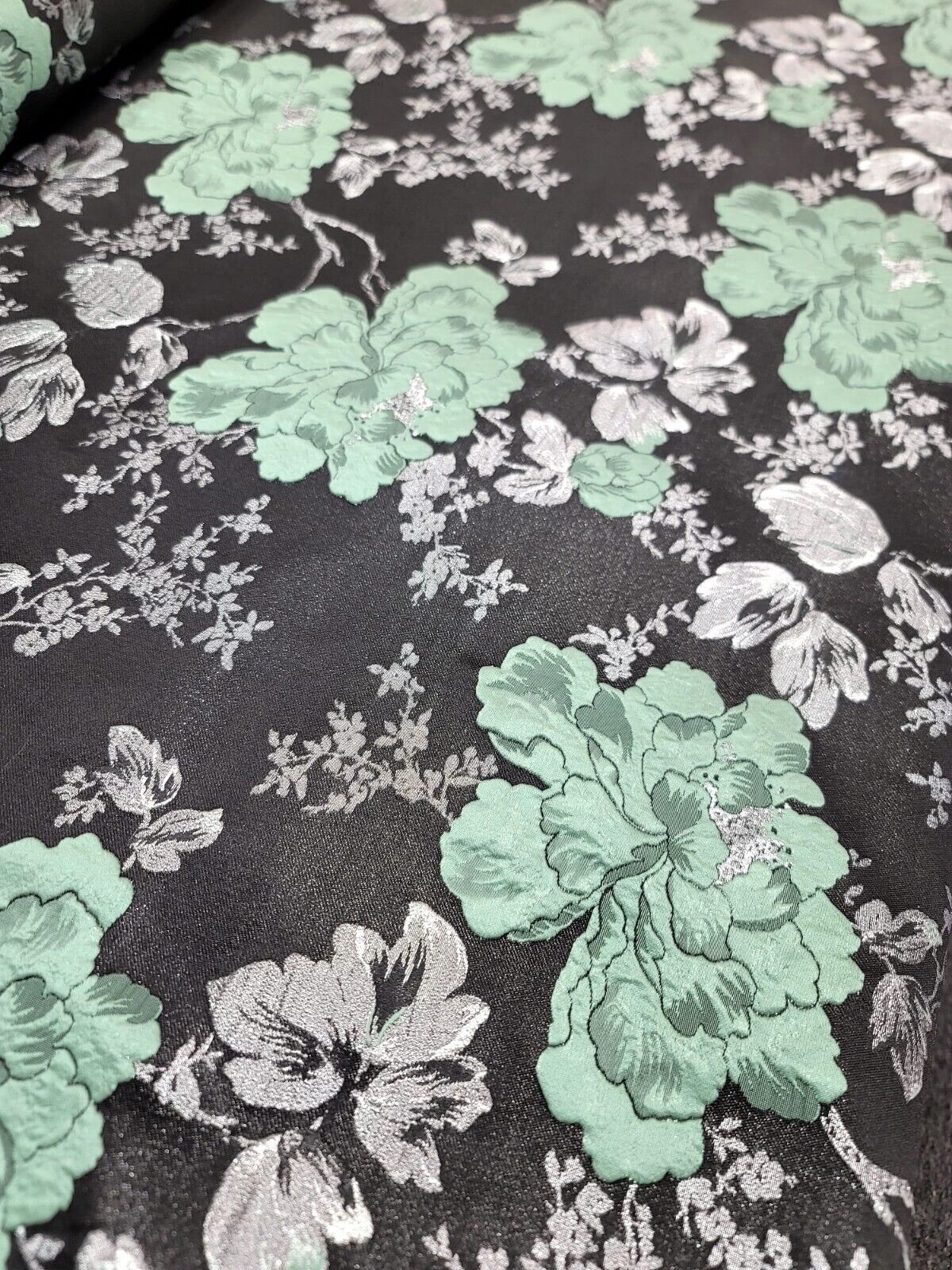 Brocade Jacquard Floral Fabric Sage Green Silver Black