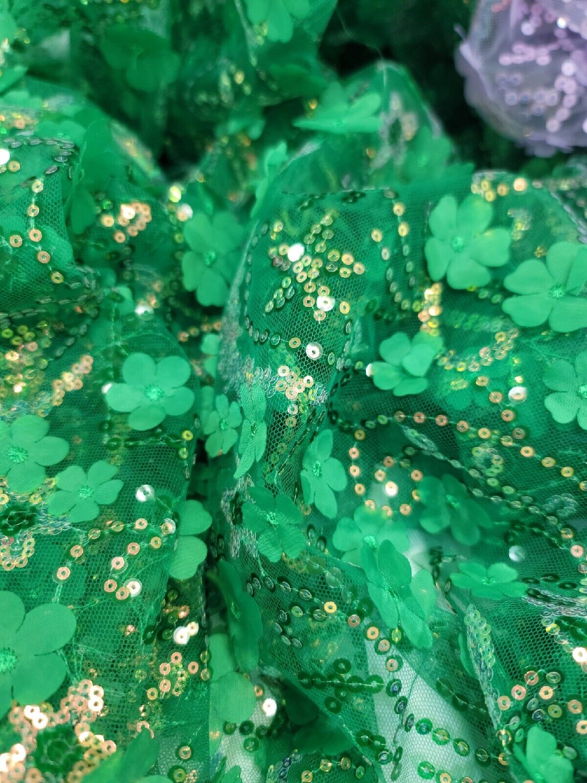 3D Floral Sequin Fabric Emerald Green