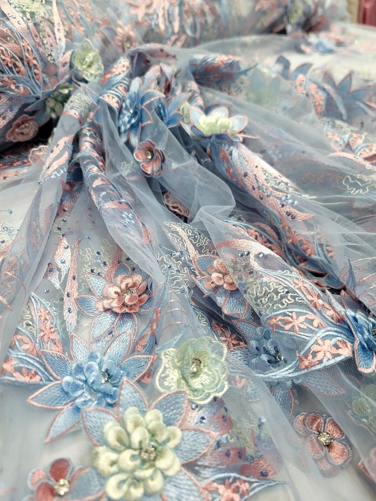 3D Floral Lace with Rhinestones in Sage Pink and Sky Blue