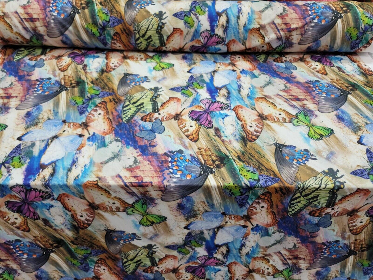 Printed Spandex Butterfly Fabric Blue Green Lavender