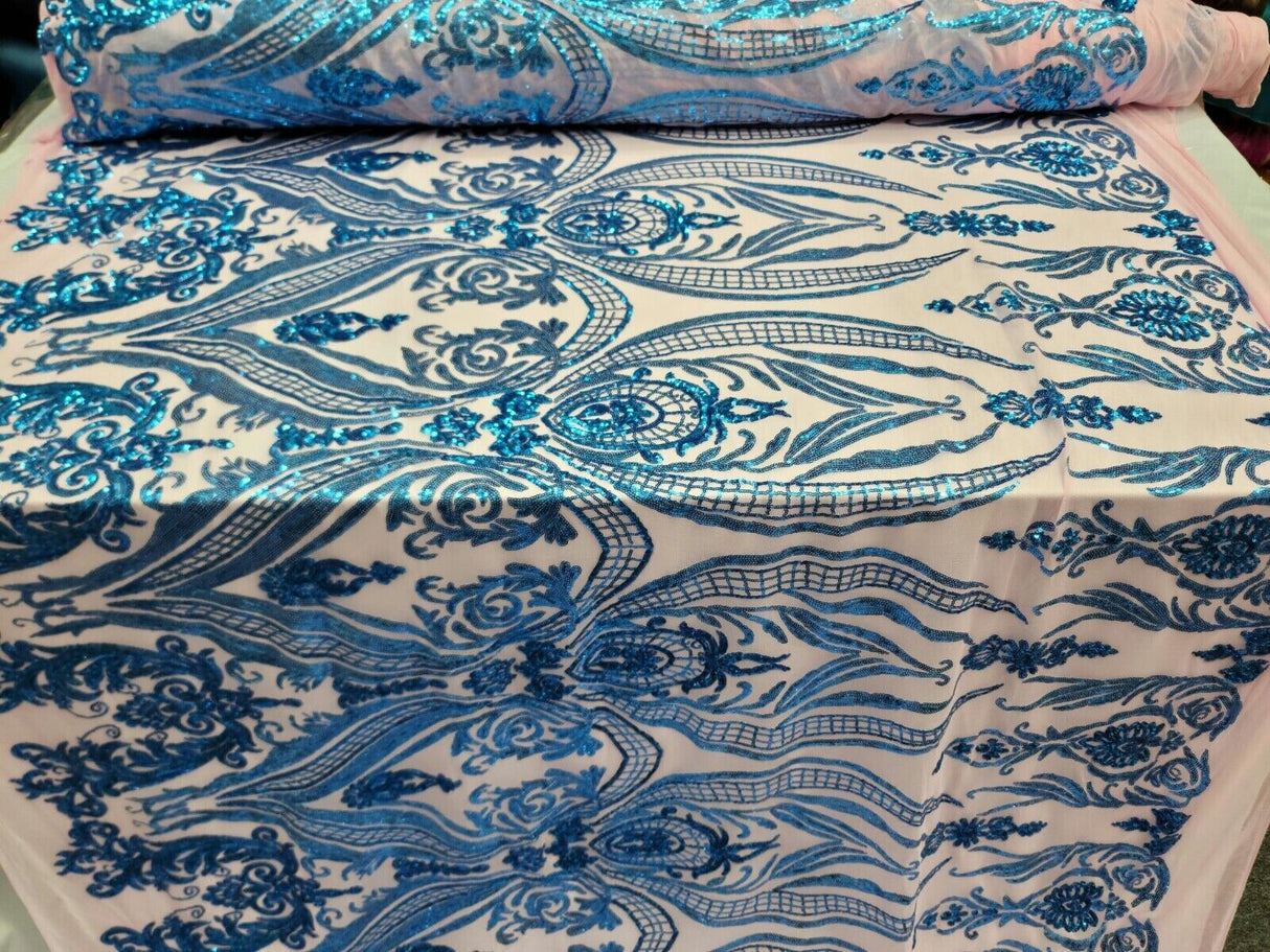 Royal Blue Sequin Lace Fabric