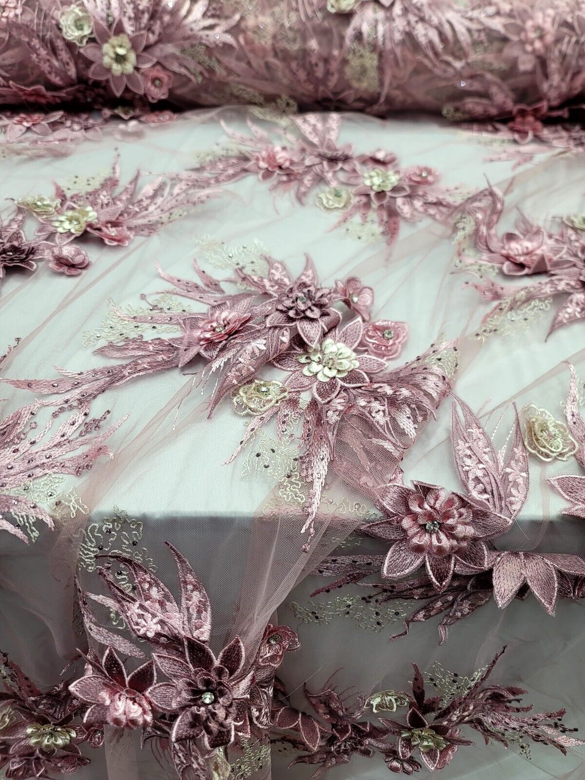 3D Embroidery Lace Fabric Dusty Rose